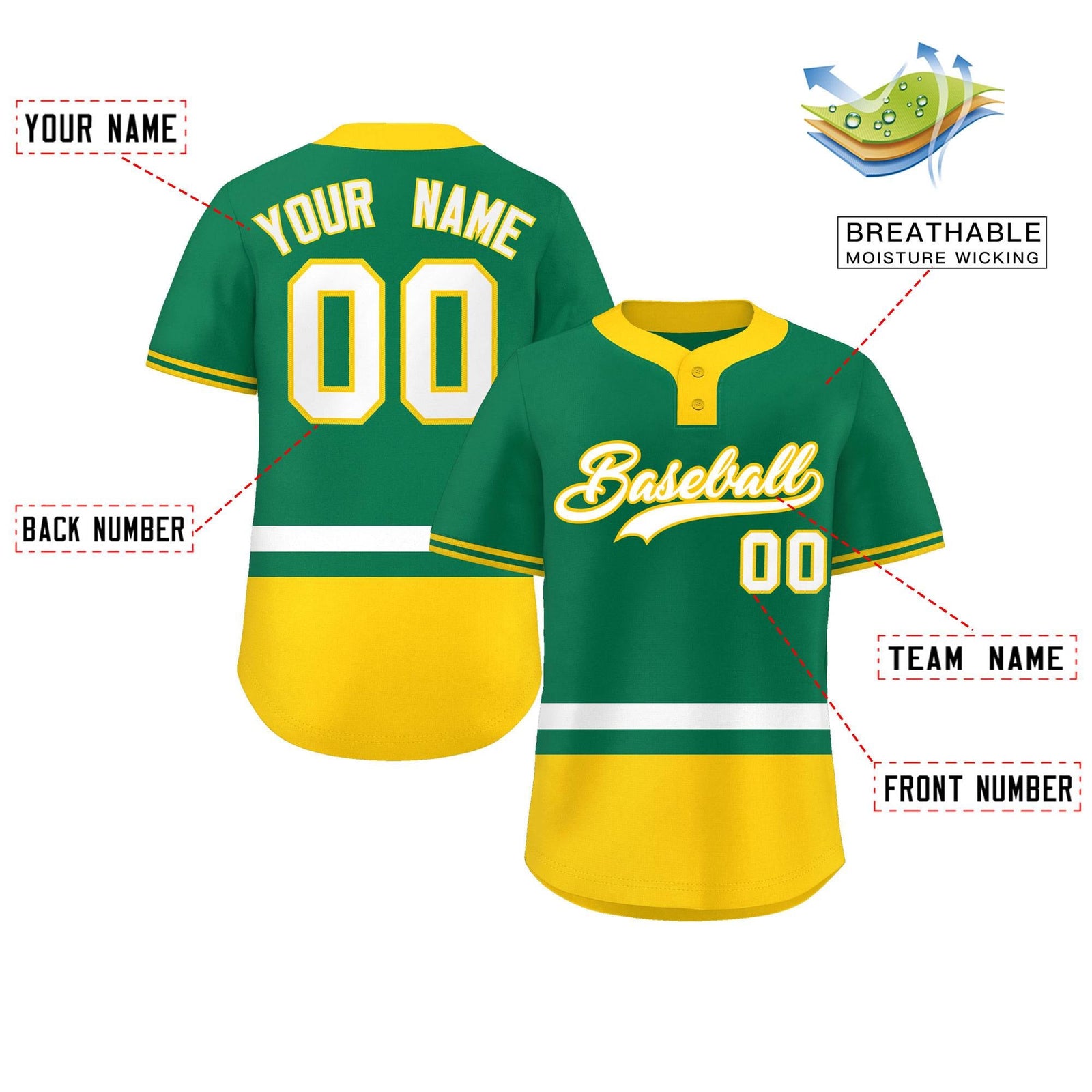 Custom Kelly Green White-Gold Color Block Personalized Authentic Two-Button Softball Jersey