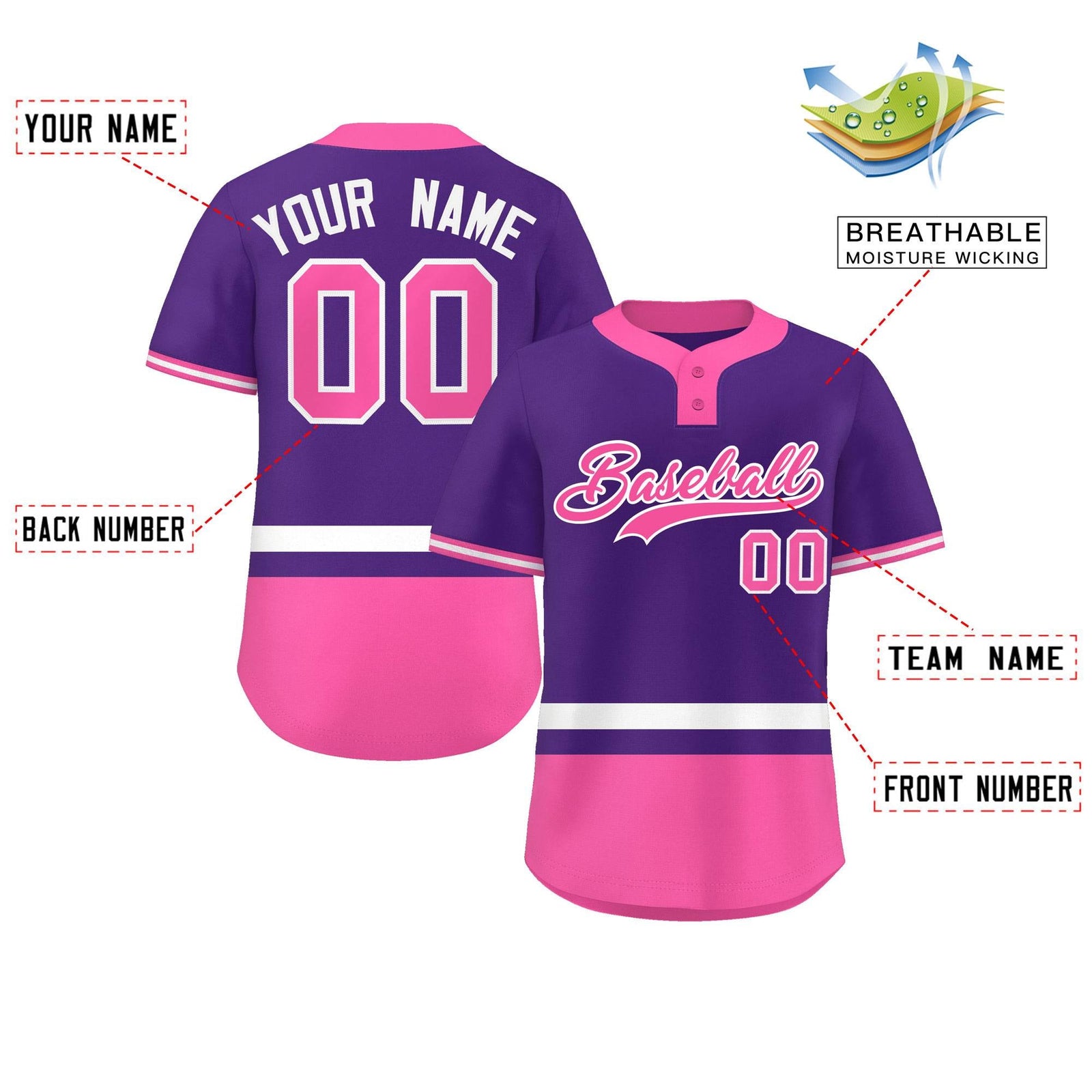 Custom Purple White-Pink Color Block Personalized Authentic Two-Button Softball Jersey