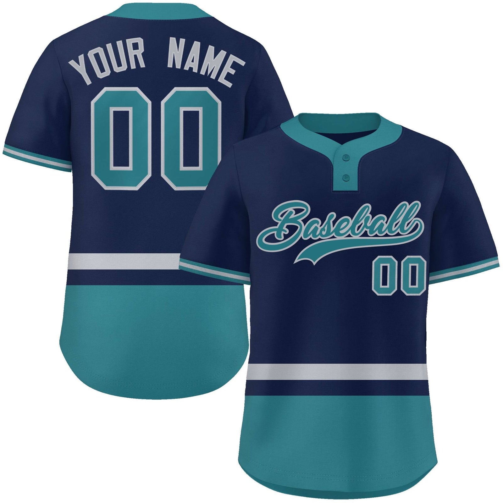 Custom Navy Gray-Aqua Color Block Personalized Authentic Two-Button Softball Jersey