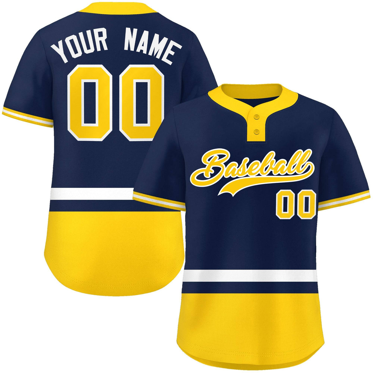 Custom Navy White-Gold Color Block Personalized Authentic Two-Button Softball Jersey