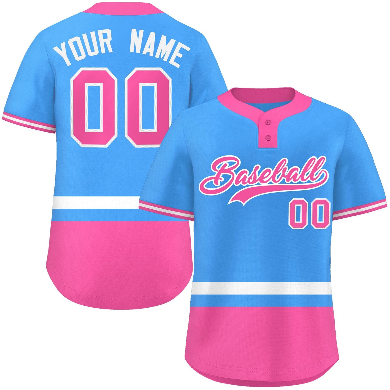 Custom Powder Blue White-Pink Color Block Personalized Authentic Two-Button Softball Jersey