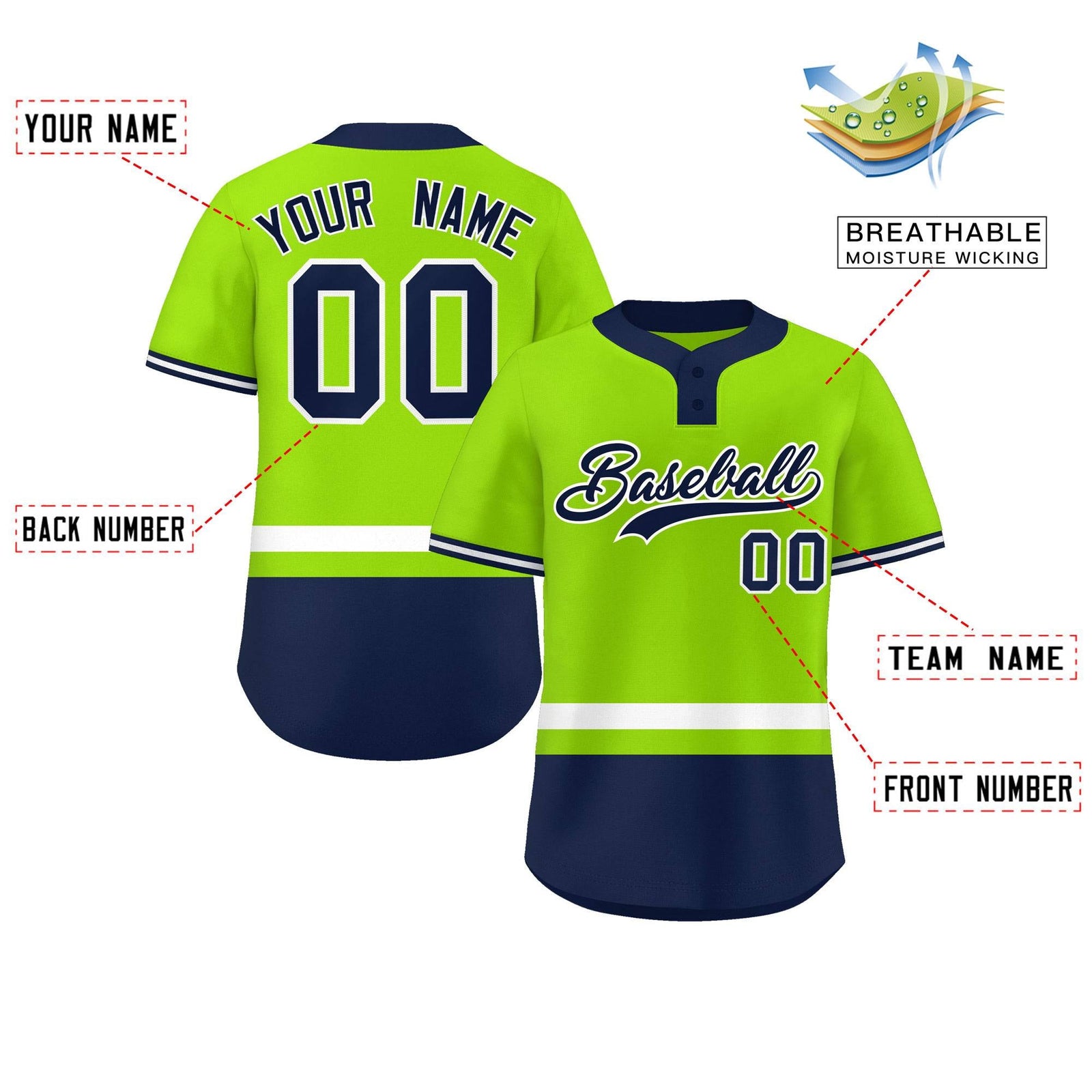 Custom Neon Green White-Navy Color Block Personalized Authentic Two-Button Softball Jersey