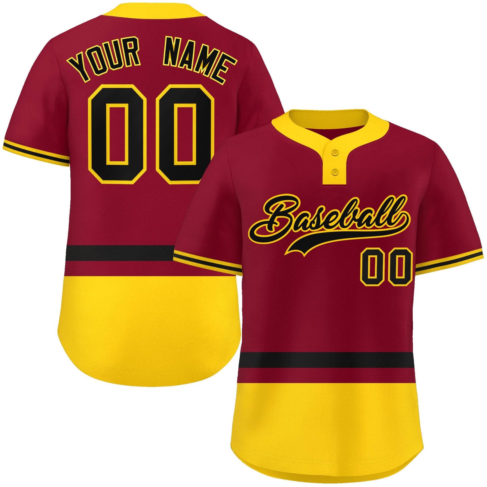 Custom Crimson Black-Gold Color Block Personalized Authentic Two-Button Softball Jersey