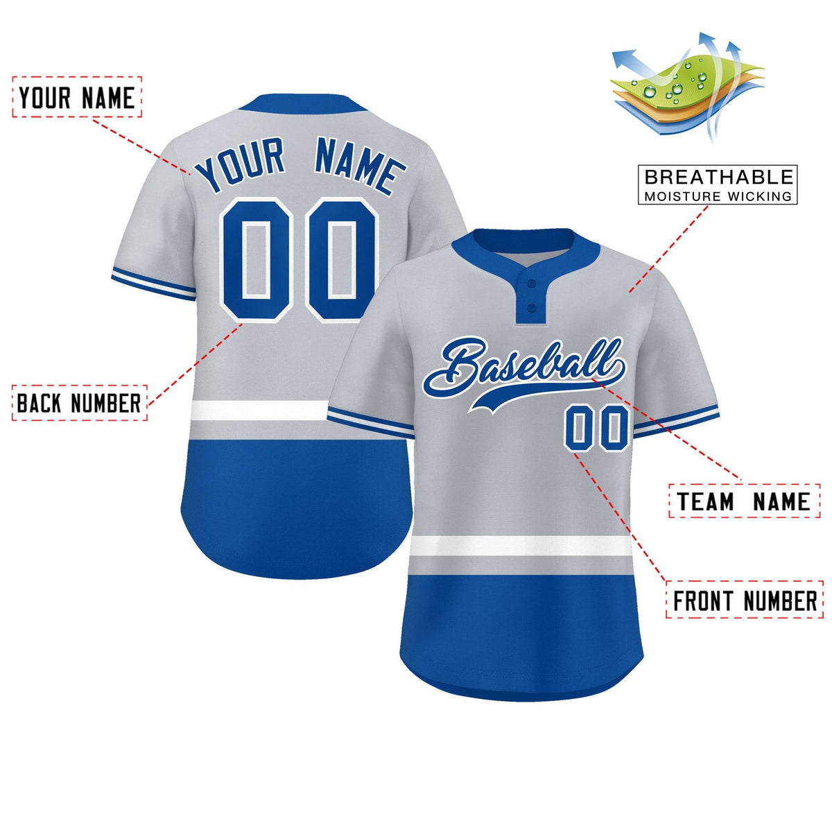 Custom Gray White-Royal Color Block Personalized Authentic Two-Button Softball Jersey