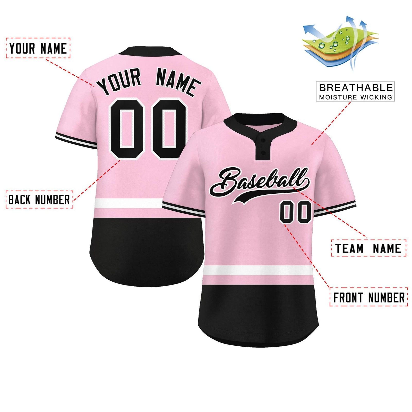 Custom Light Pink White-Black Color Block Personalized Authentic Two-Button Softball Jersey