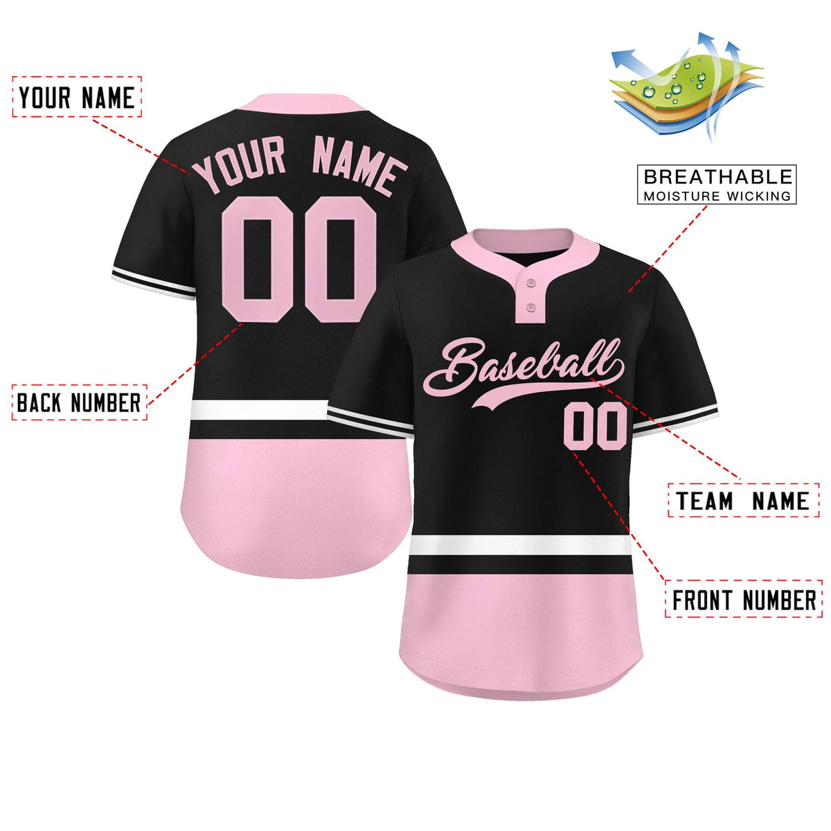 Custom Black White-Lt Pink Color Block Personalized Authentic Two-Button Softball Jersey