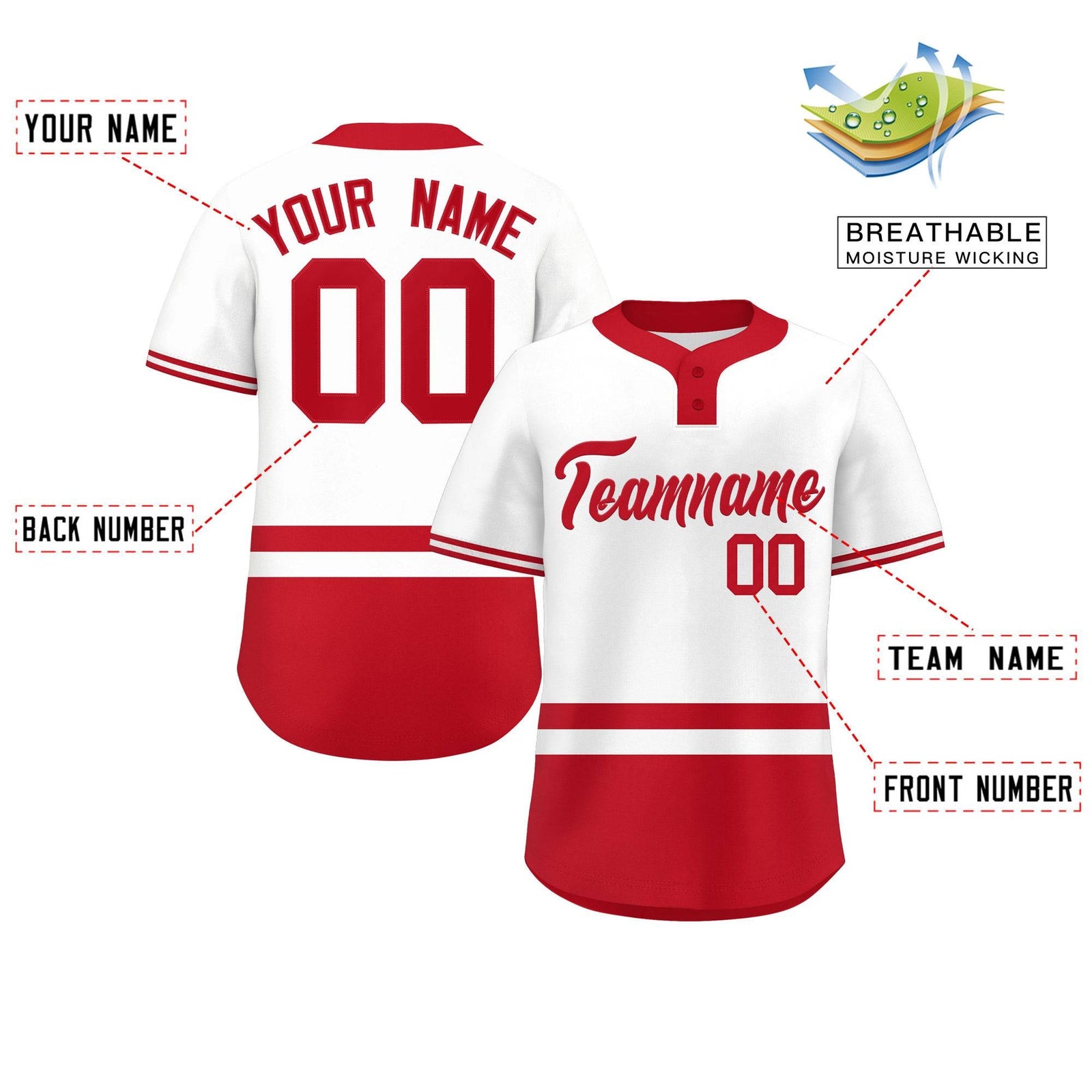Custom White Red Color Block Personalized Authentic Two-Button Softball Jersey