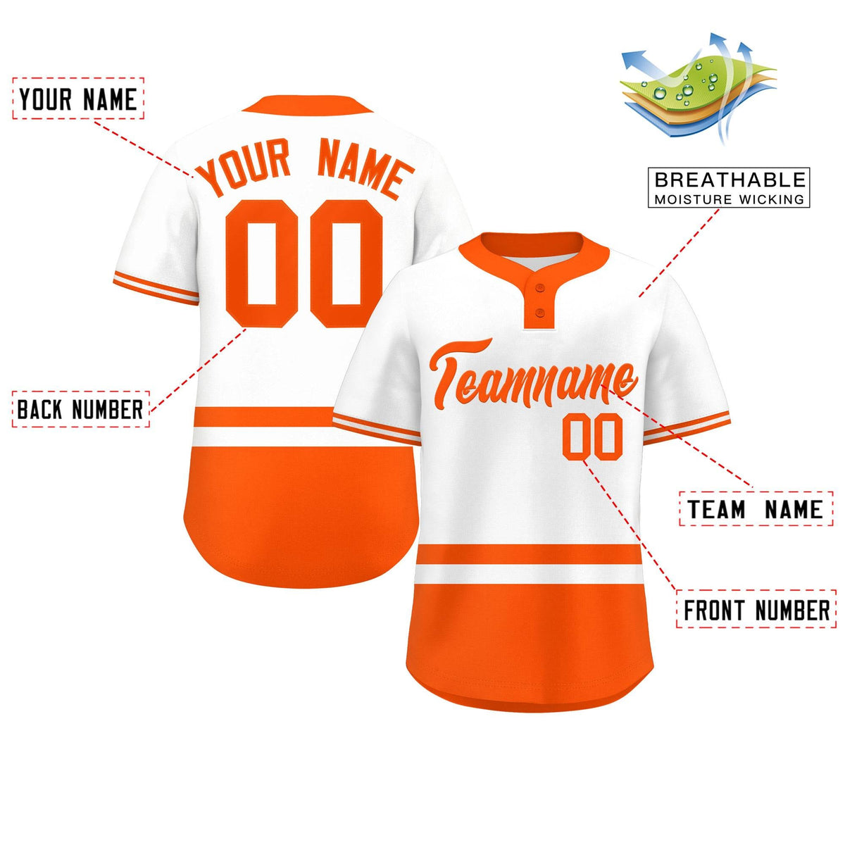 Custom White Orange Color Block Personalized Authentic Two-Button Softball Jersey