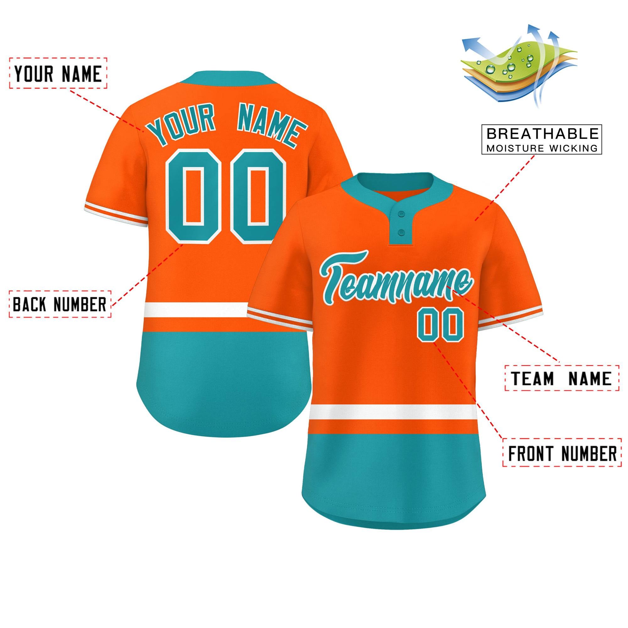 Custom Orange White-Aqua Color Block Personalized Authentic Two-Button Softball Jersey
