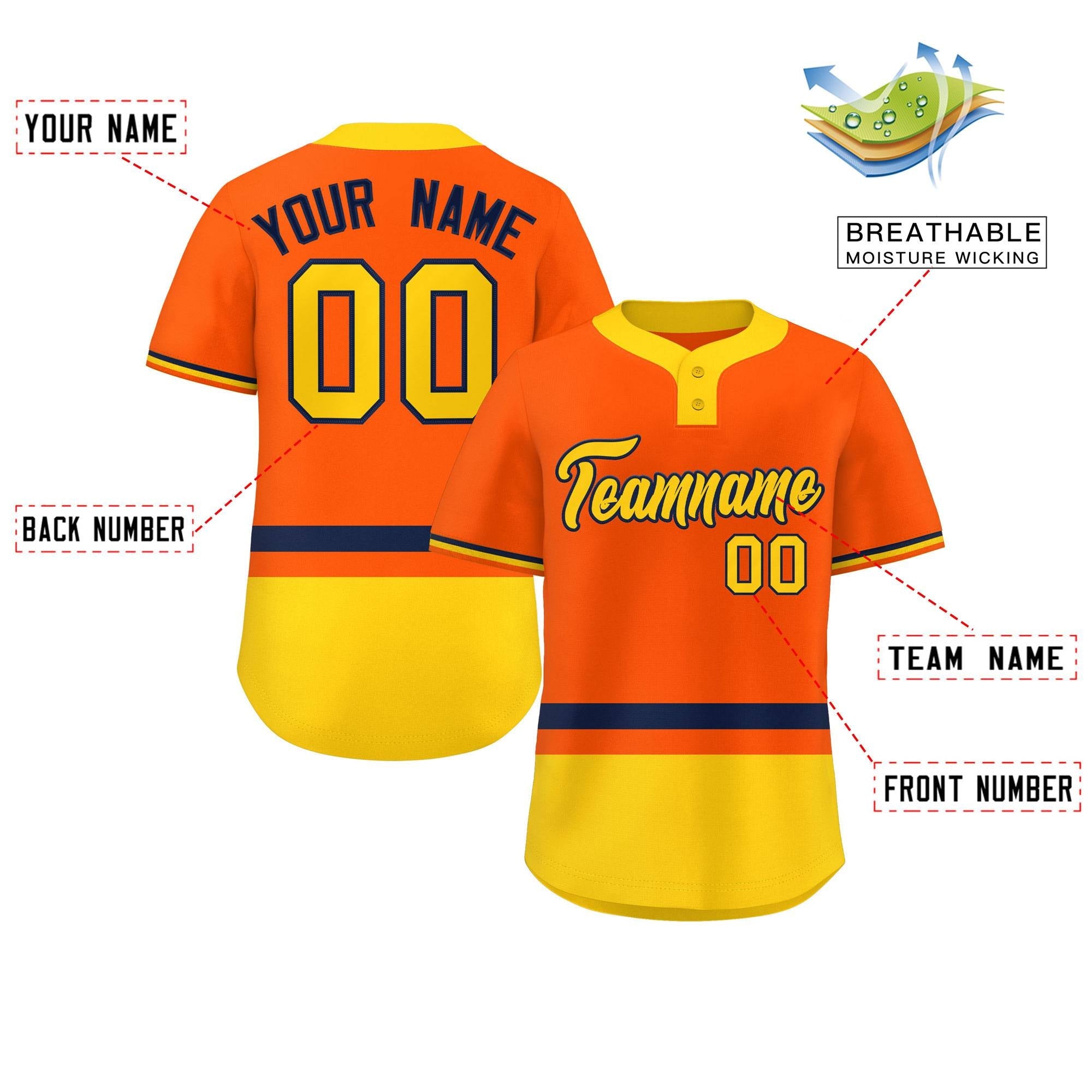 Custom Orange Navy-Gold Color Block Personalized Authentic Two-Button Softball Jersey