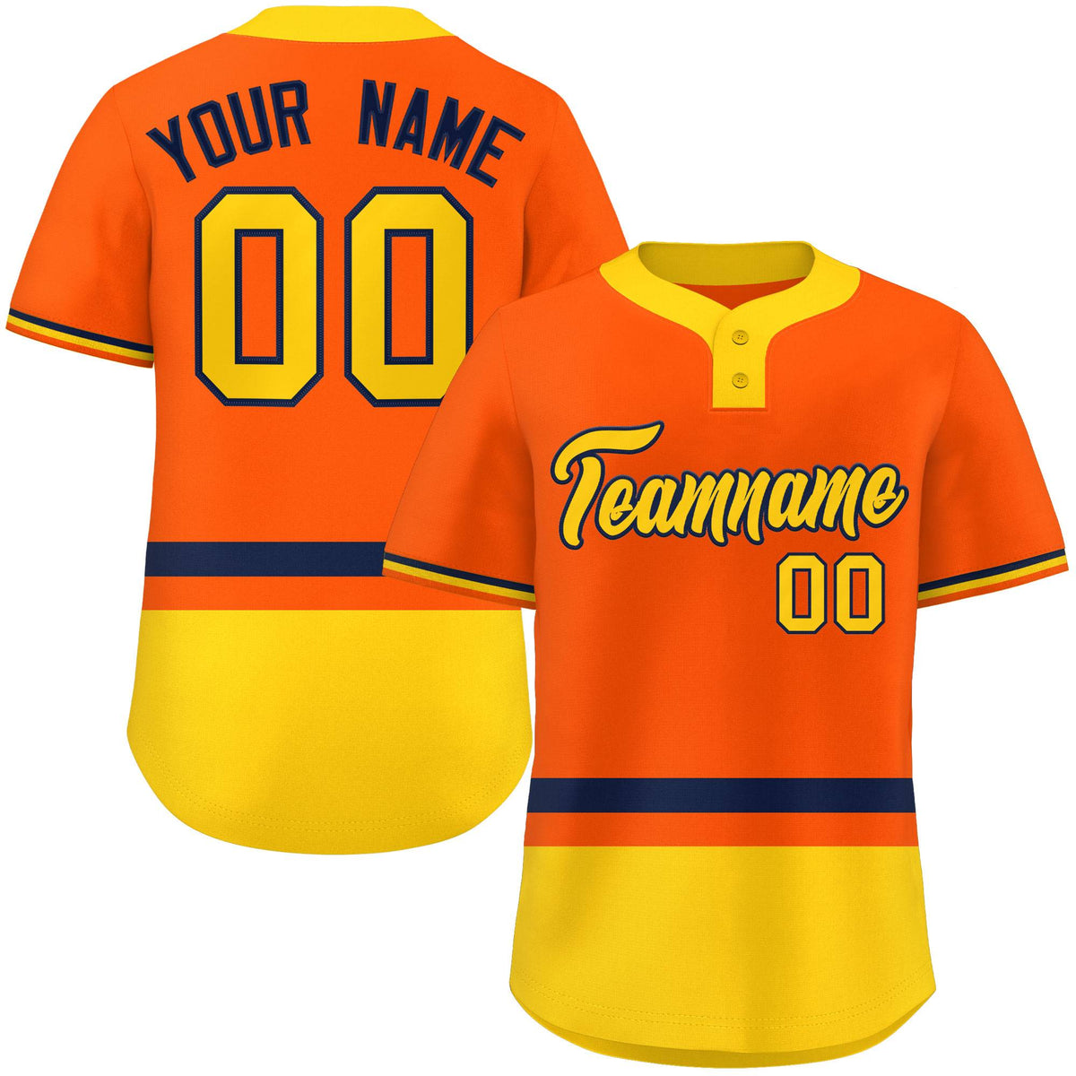 Custom Orange Navy-Gold Color Block Personalized Authentic Two-Button Softball Jersey
