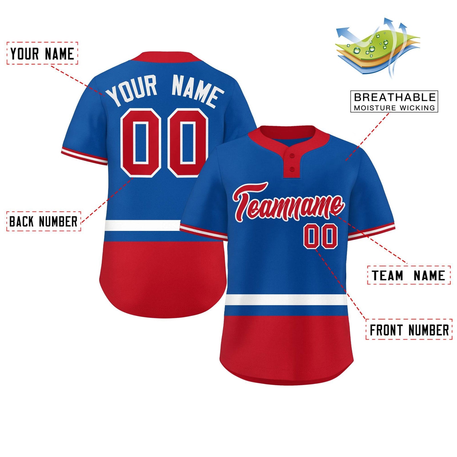 Custom Royal White-Red Color Block Personalized Authentic Two-Button Softball Jersey