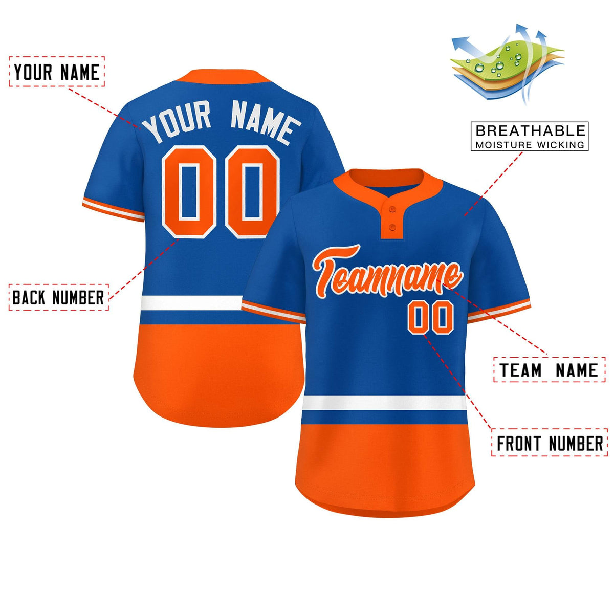 Custom Royal White-Orange Color Block Personalized Authentic Two-Button Softball Jersey