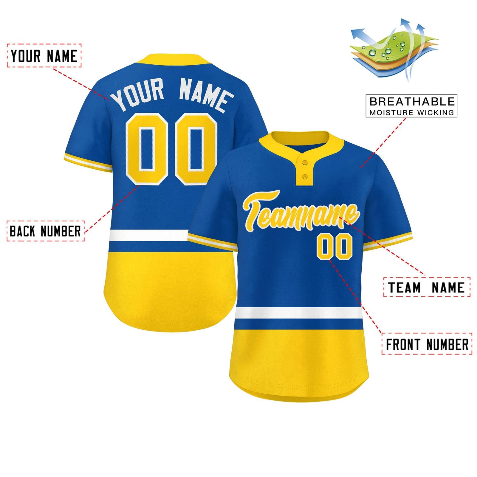 Custom Royal White-Gold Color Block Personalized Authentic Two-Button Softball Jersey