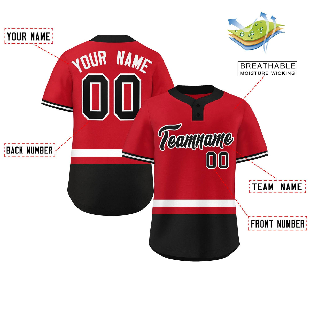 Custom Red White-Black Color Block Personalized Authentic Two-Button Softball Jersey