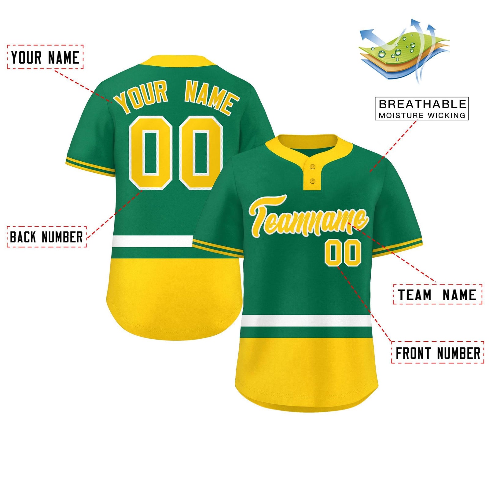 Custom Kelly Green White-Gold Color Block Personalized Authentic Two-Button Softball Jersey