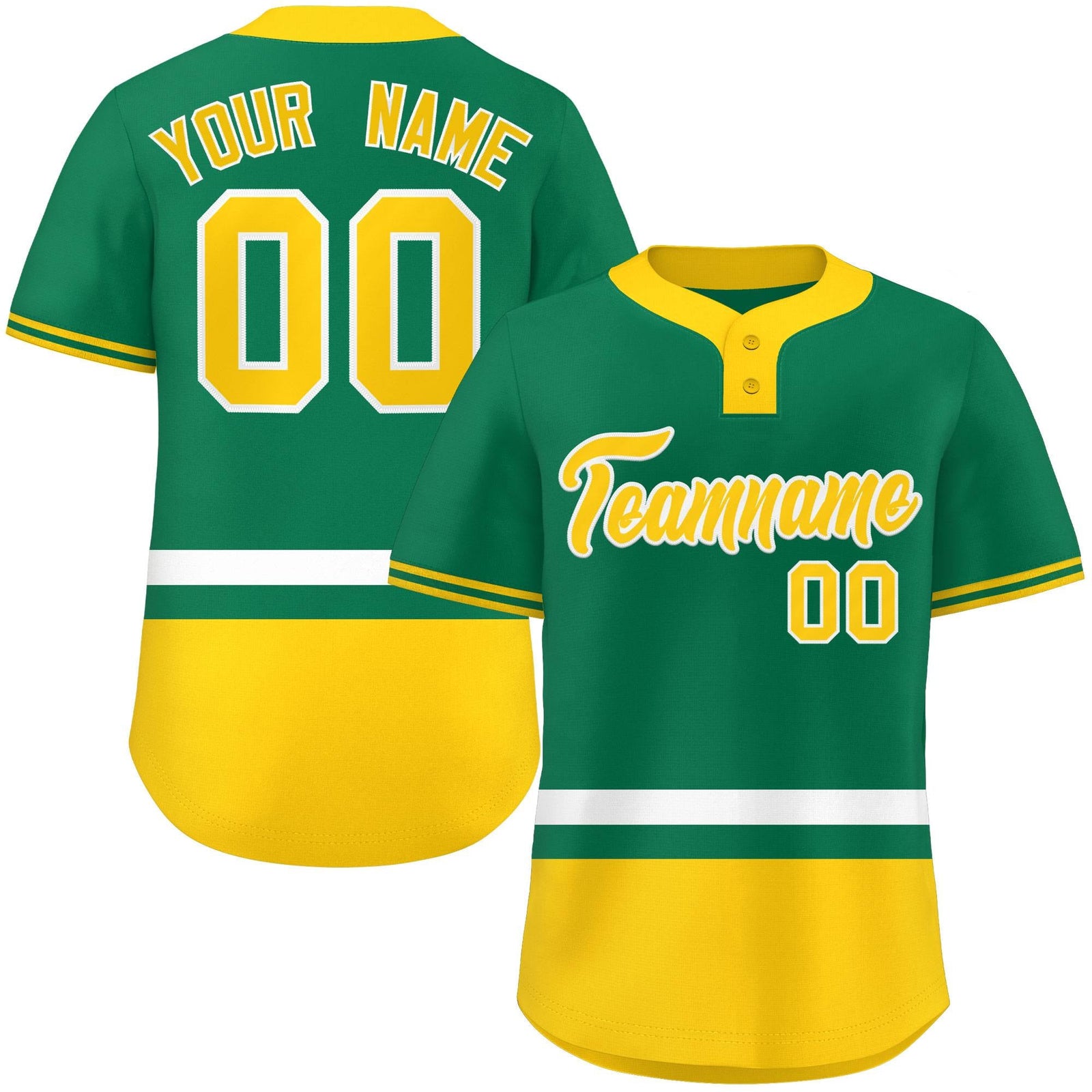 Custom Kelly Green White-Gold Color Block Personalized Authentic Two-Button Softball Jersey