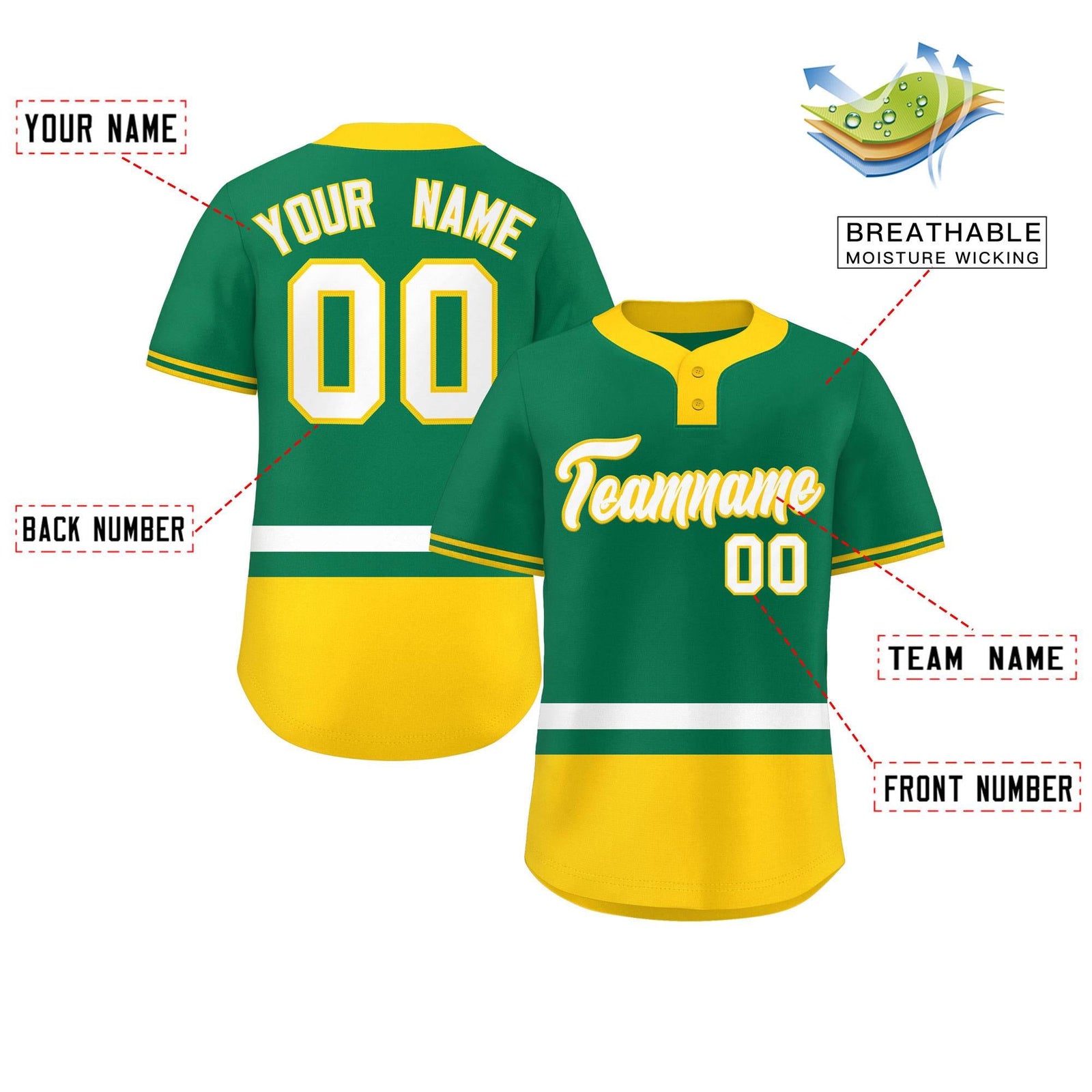 Custom Kelly Green White-Gold Color Block Personalized Authentic Two-Button Softball Jersey