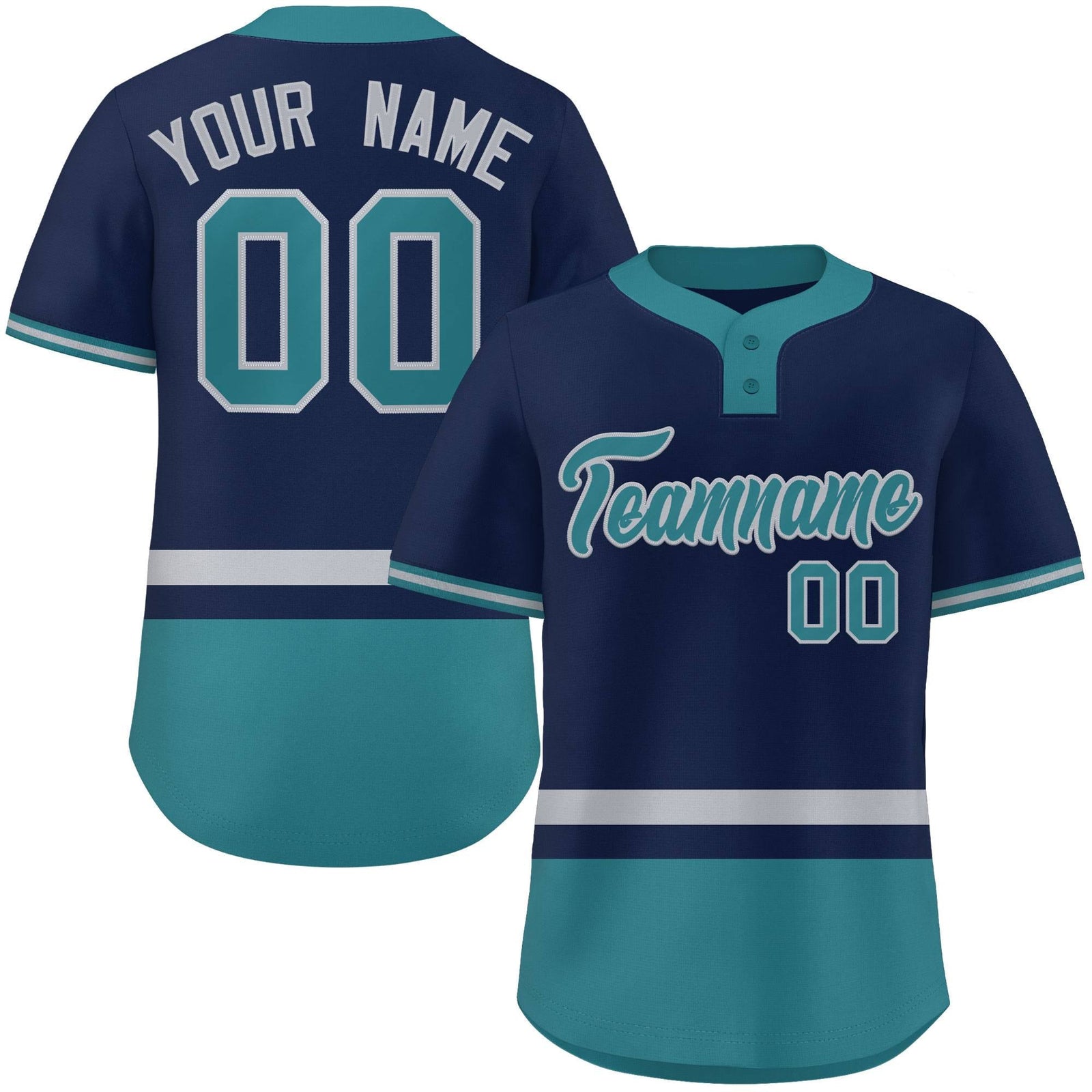 Custom Navy Gray-Aqua Color Block Personalized Authentic Two-Button Softball Jersey