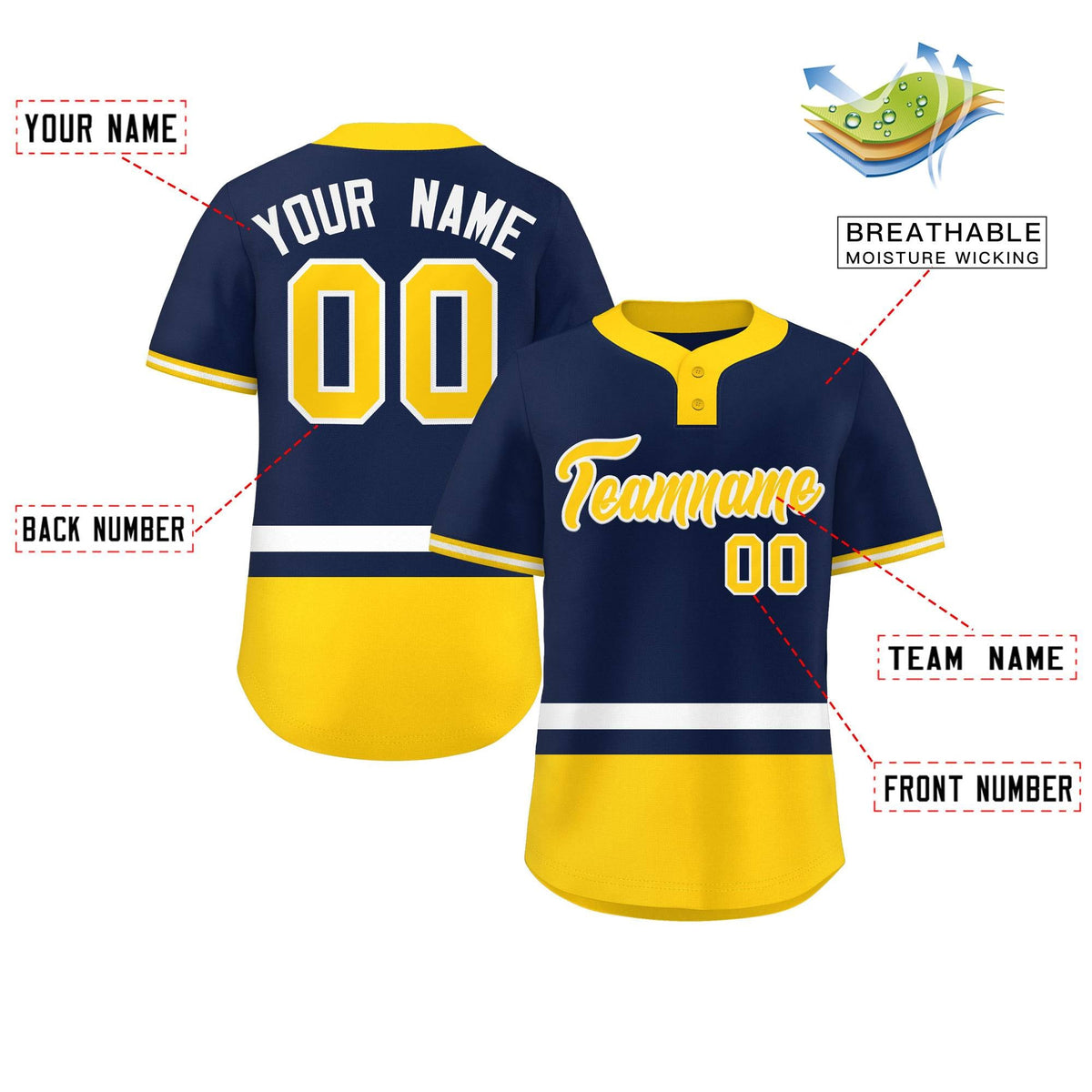 Custom Navy White-Gold Color Block Personalized Authentic Two-Button Softball Jersey