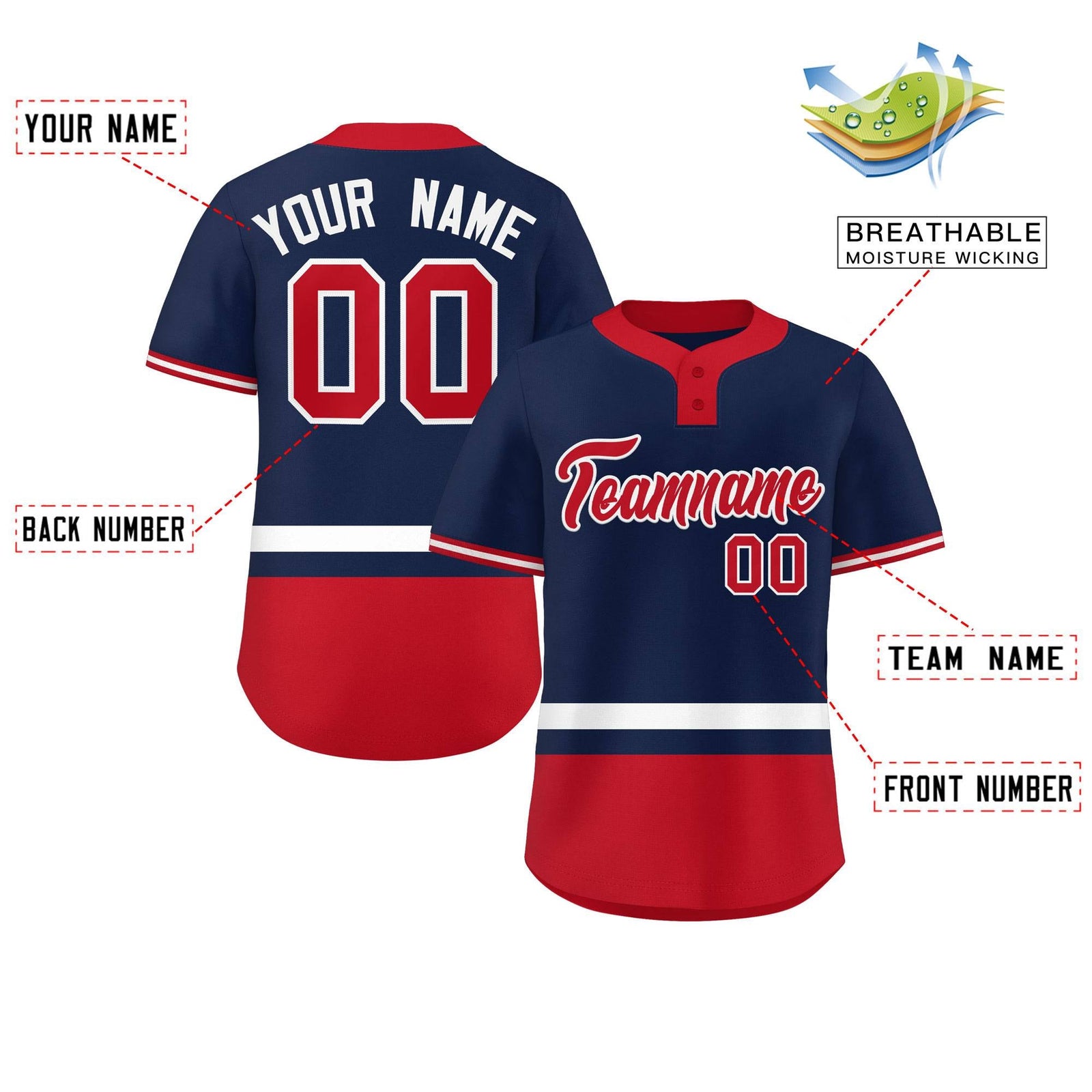 Custom Navy White-Red Color Block Personalized Authentic Two-Button Softball Jersey
