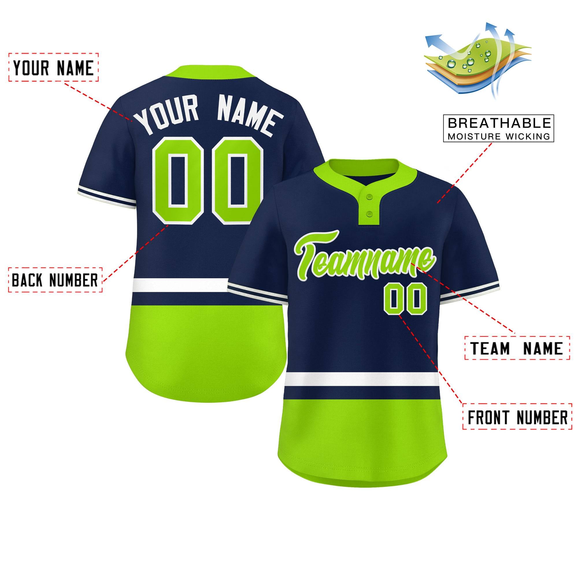 Custom Navy White-Neon Green Color Block Personalized Authentic Two-Button Softball Jersey