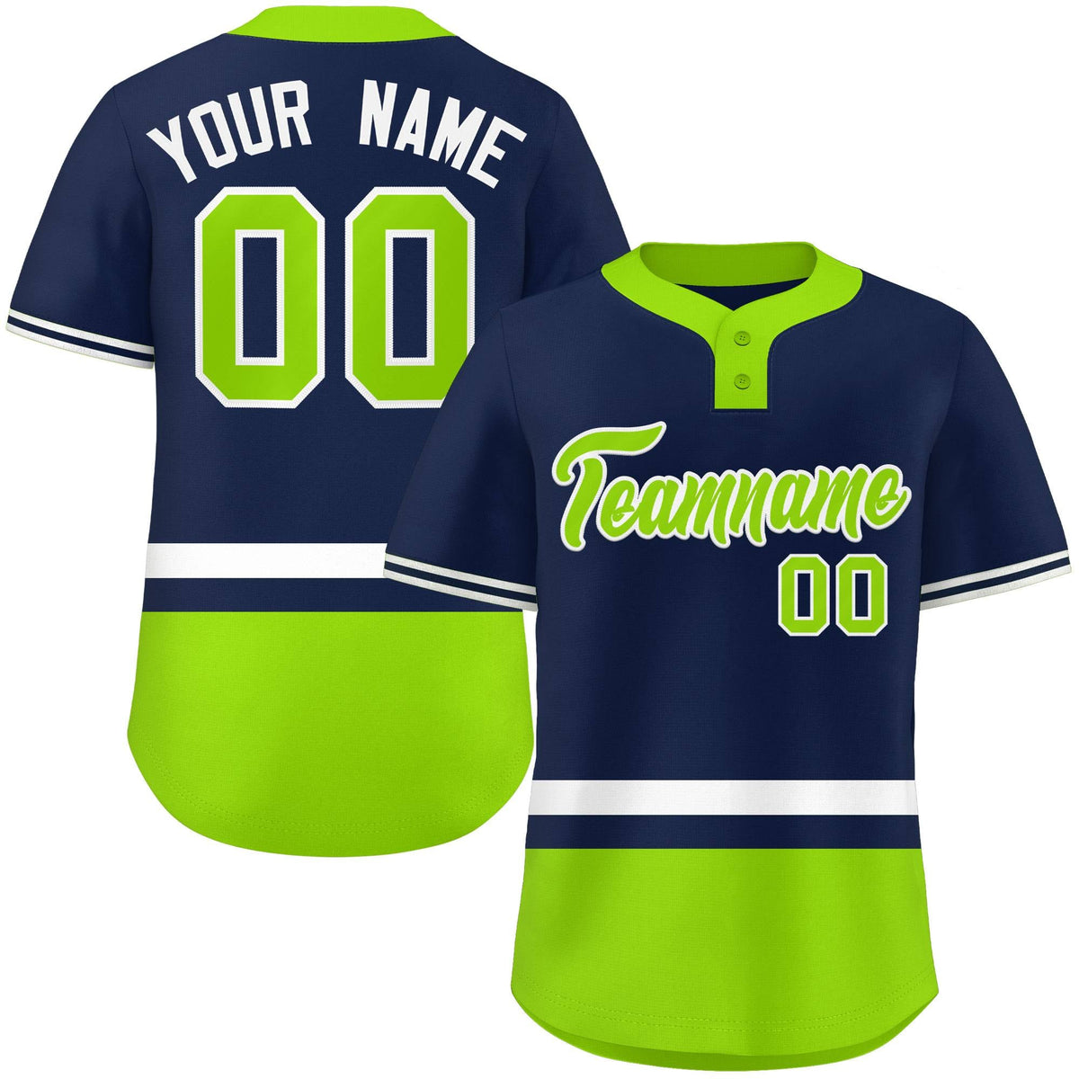 Custom Navy White-Neon Green Color Block Personalized Authentic Two-Button Softball Jersey