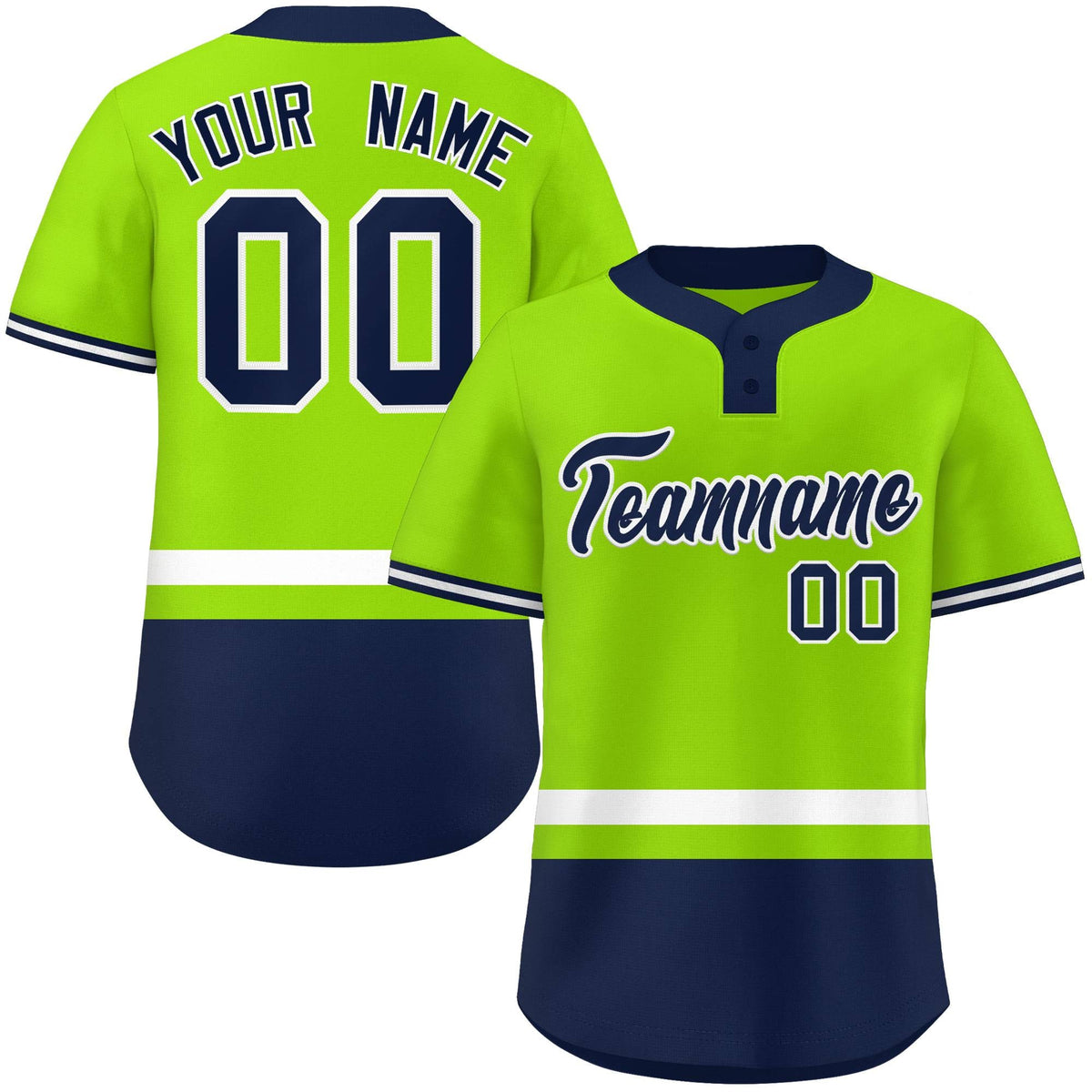 Custom Neon Green White-Navy Color Block Personalized Authentic Two-Button Softball Jersey