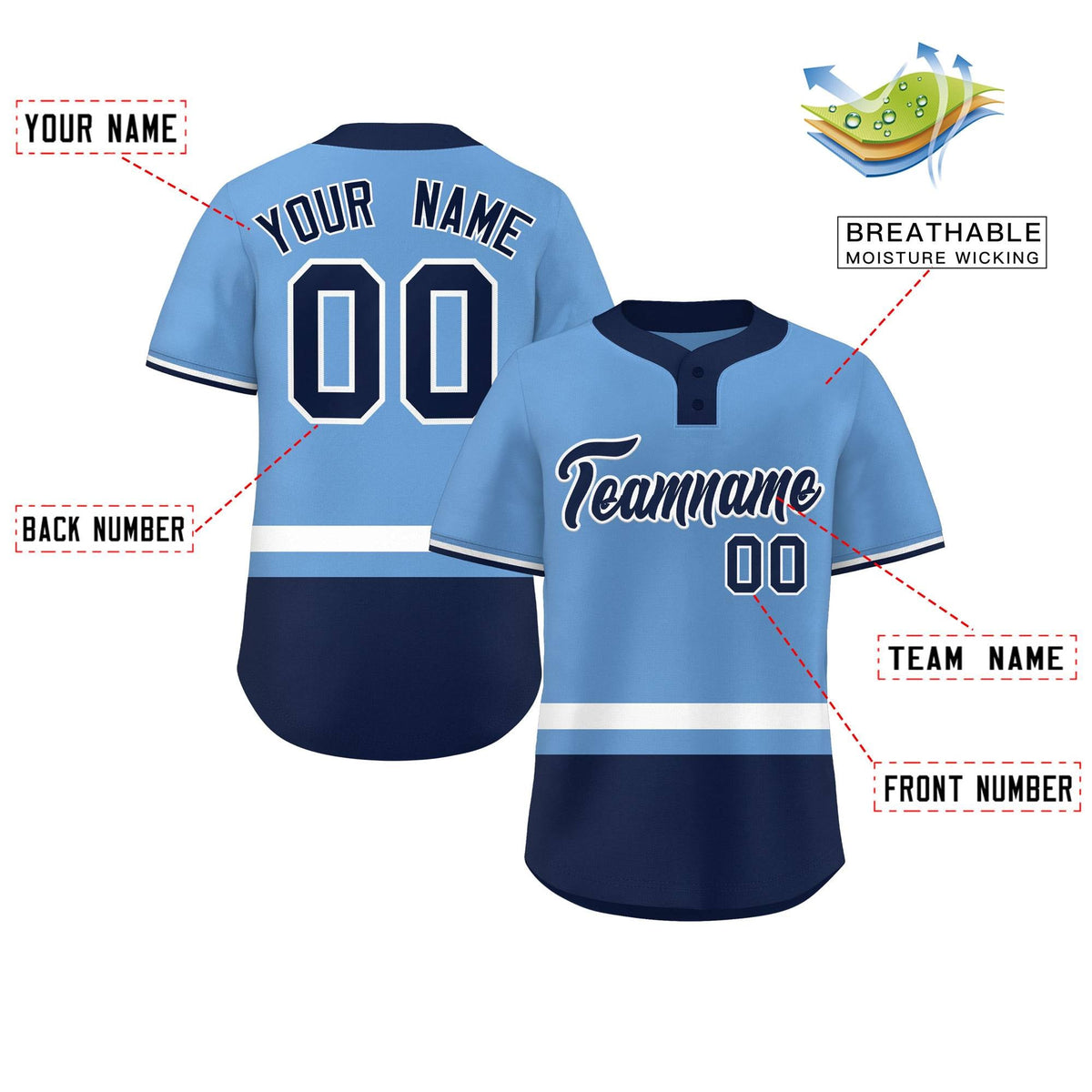 Custom Light Blue White-Navy Color Block Personalized Authentic Two-Button Softball Jersey