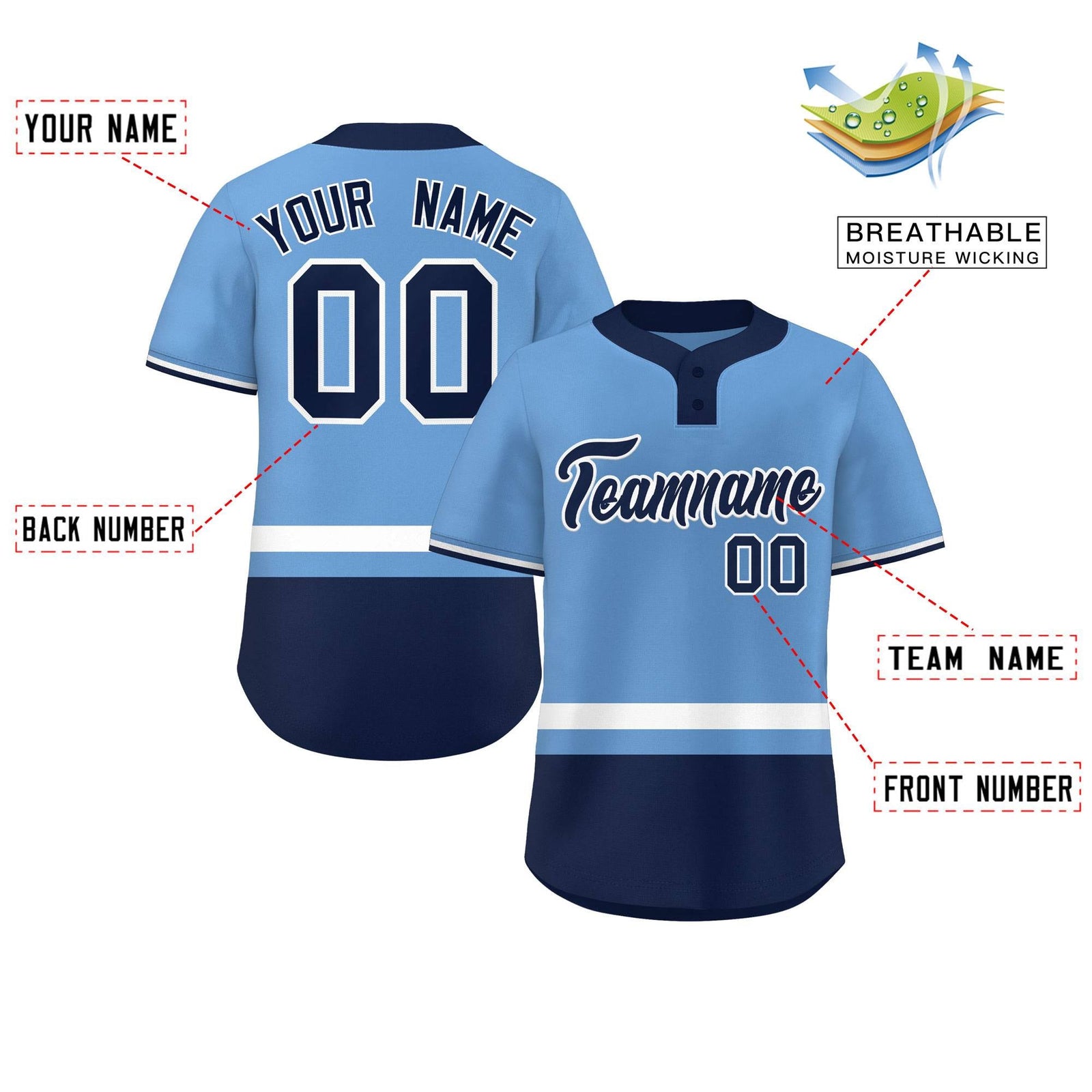 Custom Light Blue White-Navy Color Block Personalized Authentic Two-Button Softball Jersey