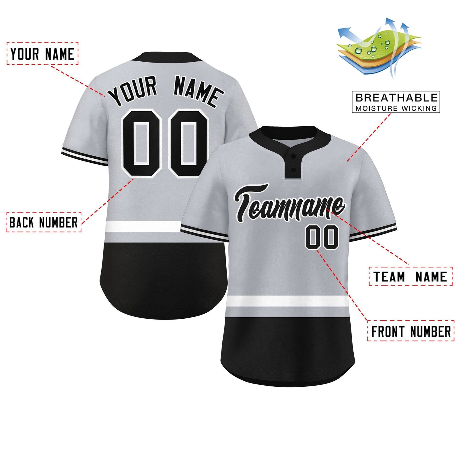 Custom Gray White-Black Color Block Personalized Authentic Two-Button Softball Jersey