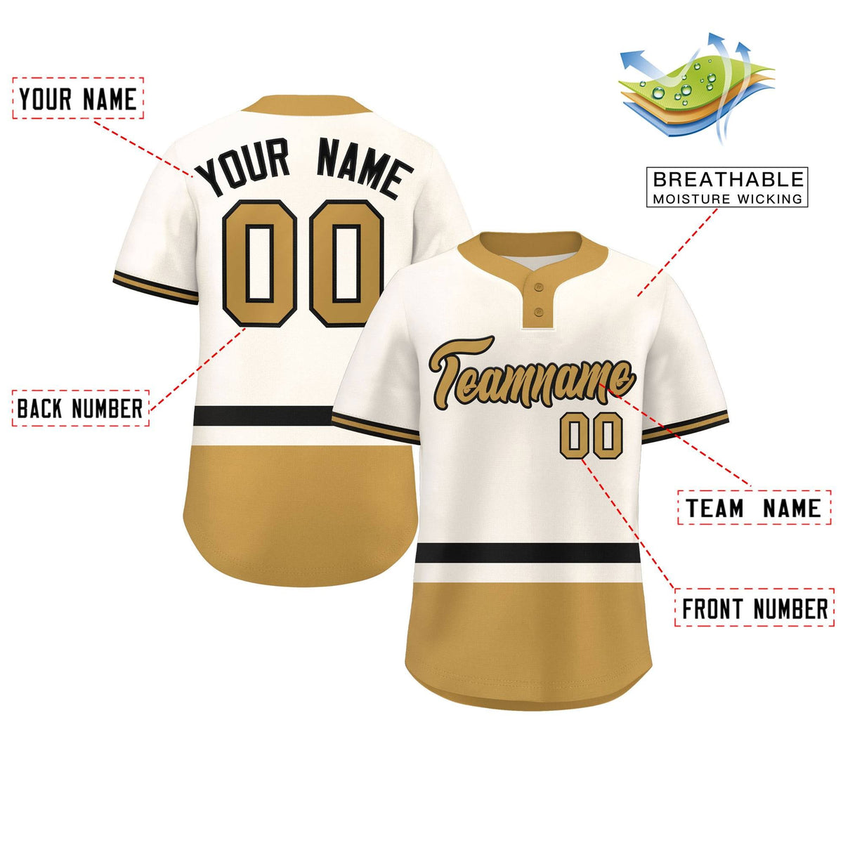 Custom Cream Black-Old Gold Color Block Personalized Authentic Two-Button Softball Jersey