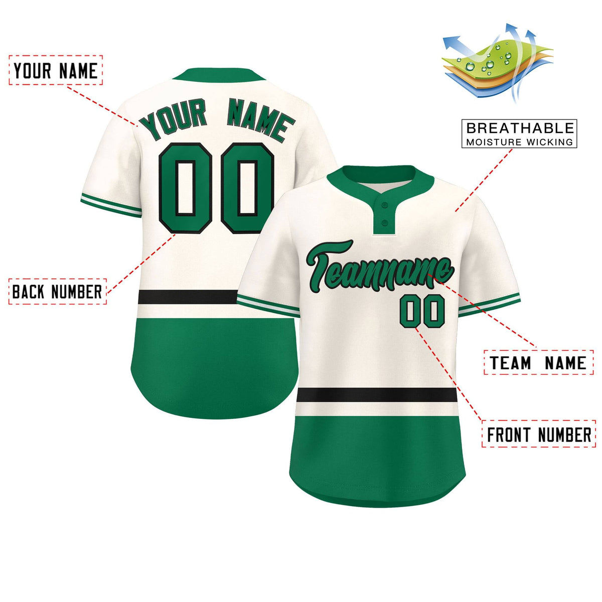 Custom Cream Black-Kelly Green Color Block Personalized Authentic Two-Button Softball Jersey