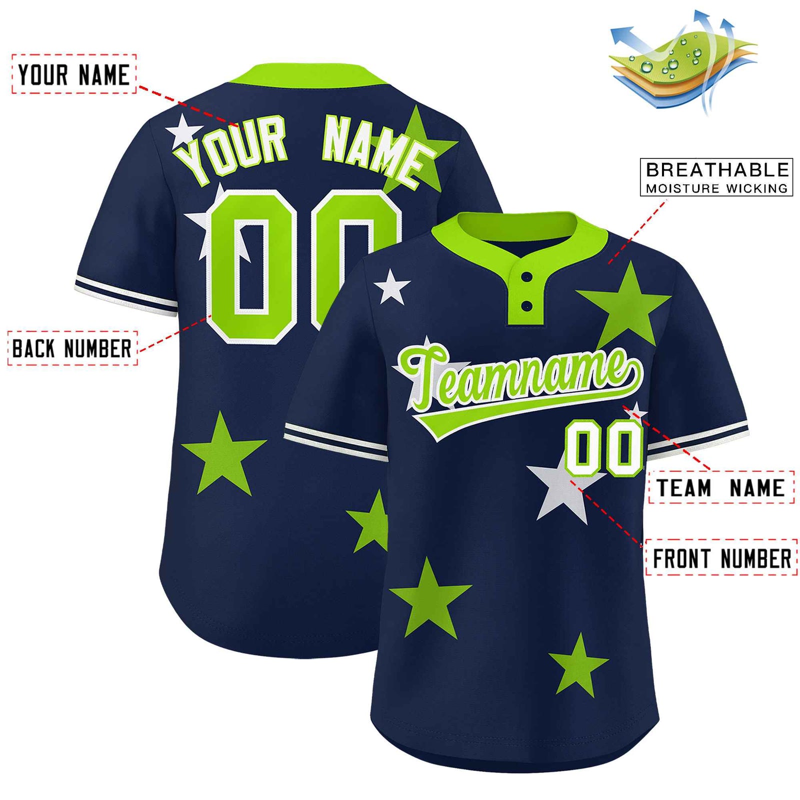 Custom Navy Neon Green Personalized Star Graffiti Pattern Authentic Two-Button Baseball Jersey