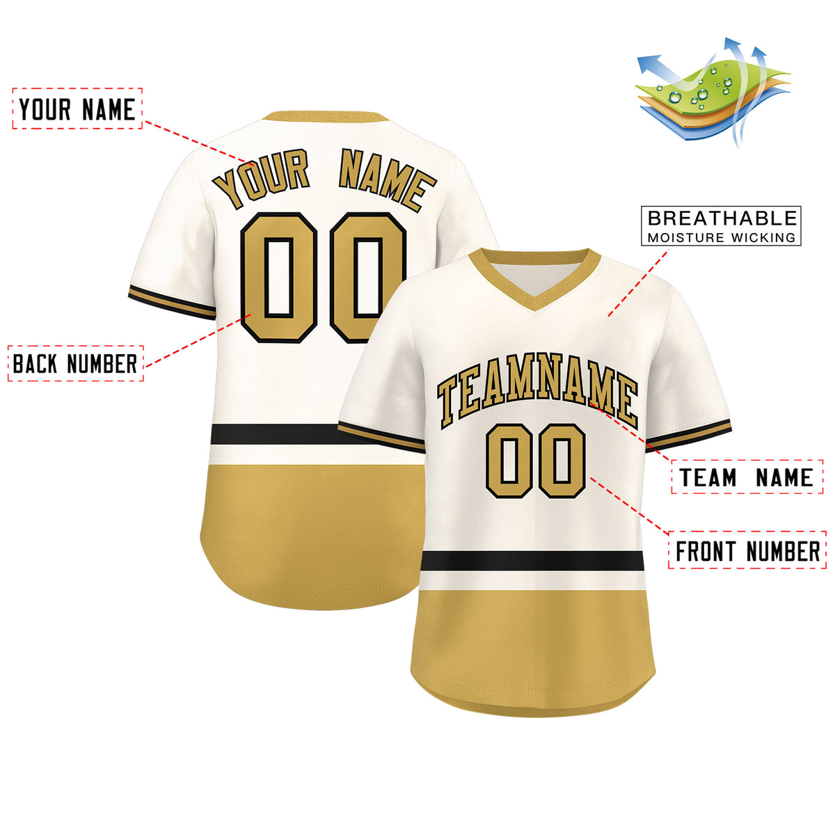 Custom Cream Black-Old Gold Color Block Personalized V-Neck Authentic Pullover Baseball Jersey