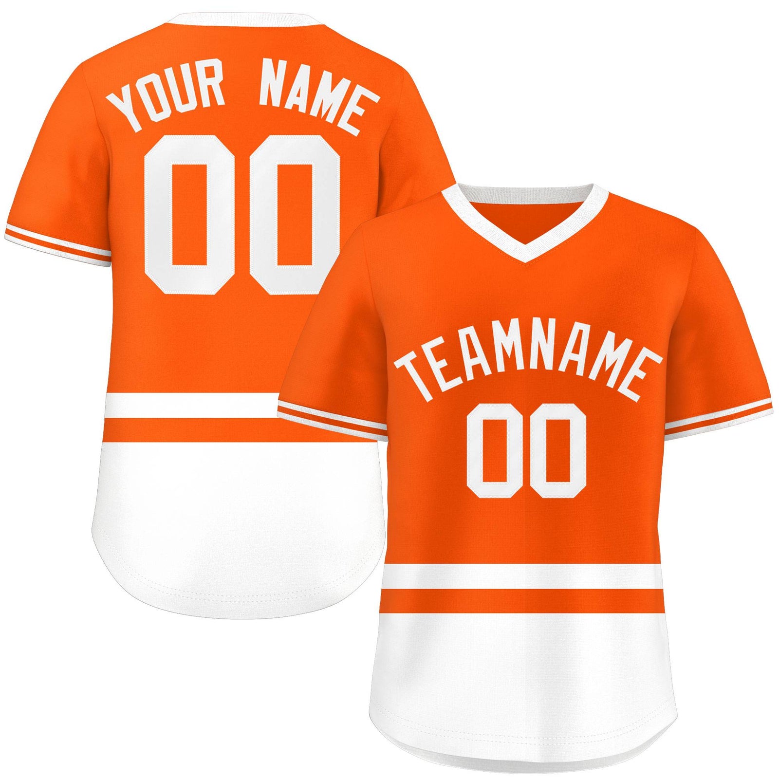 Custom Orange White Color Block Personalized V-Neck Authentic Pullover Baseball Jersey