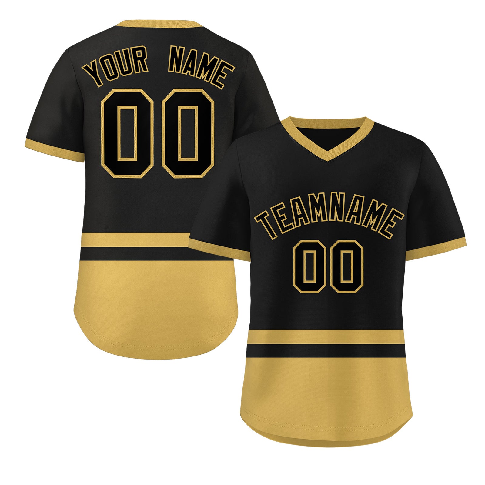 Custom Black Old Gold Color Block Personalized V-Neck Authentic Pullover Baseball Jersey