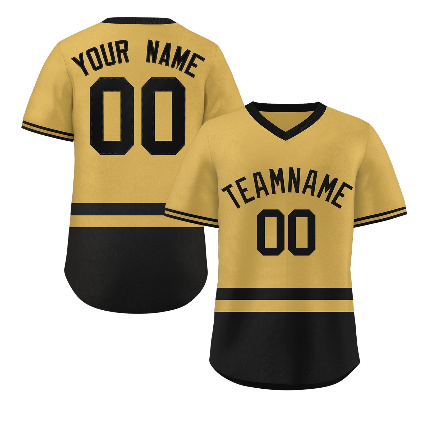 Custom Gold Black Color Block Personalized V-Neck Authentic Pullover Baseball Jersey