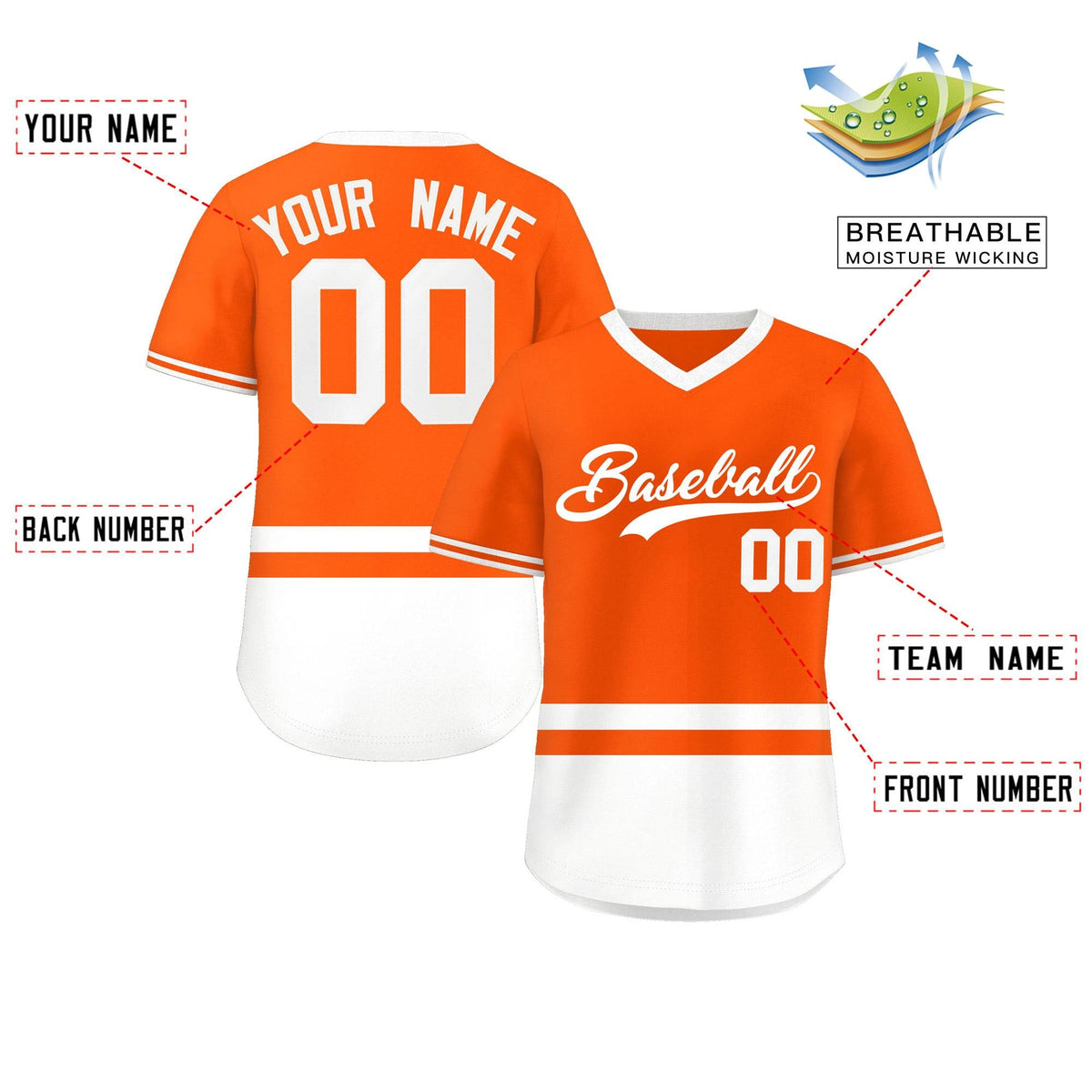Custom Orange White Color Block Personalized V-Neck Authentic Pullover Baseball Jersey