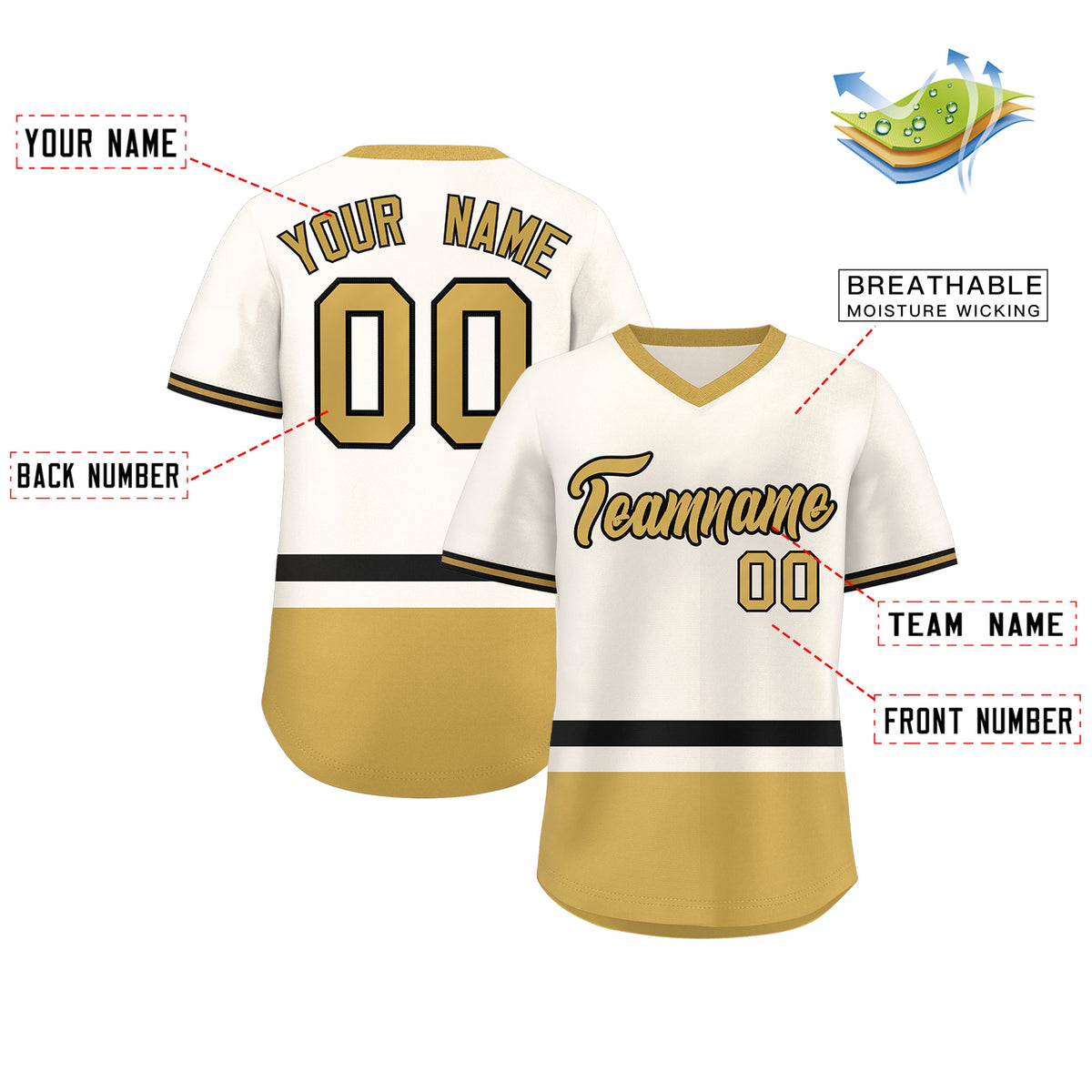Custom Cream Black-Old Gold Color Block Personalized V-Neck Authentic Pullover Baseball Jersey