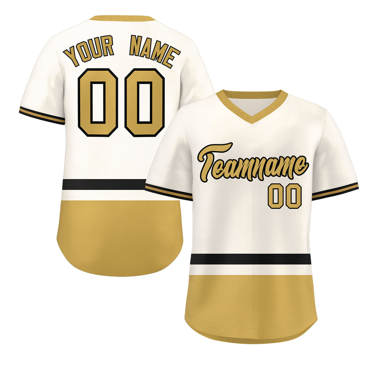 Custom Cream Black-Old Gold Color Block Personalized V-Neck Authentic Pullover Baseball Jersey
