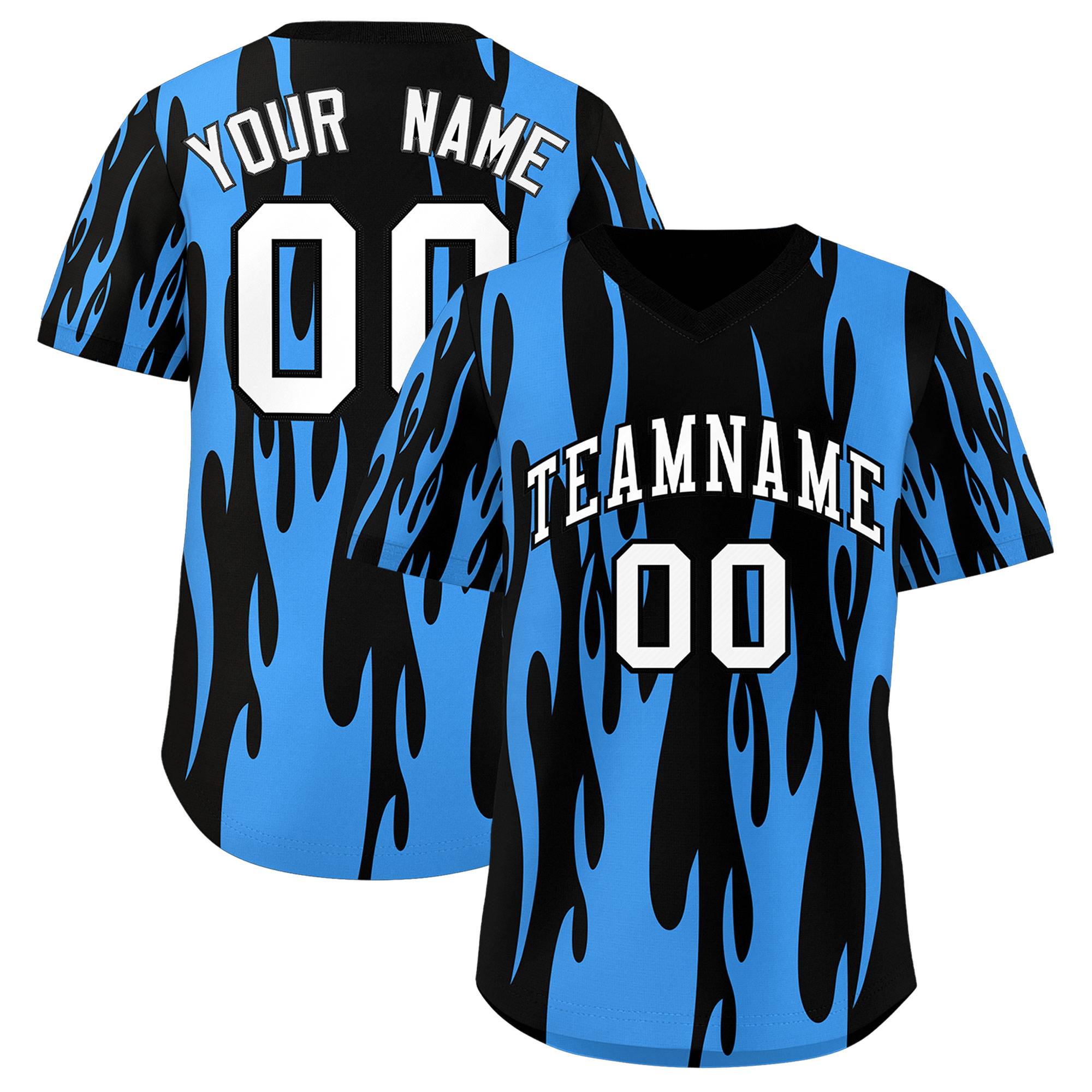 Custom Black Powder Blue Flame Pattern Authentic Pullover Baseball Jersey