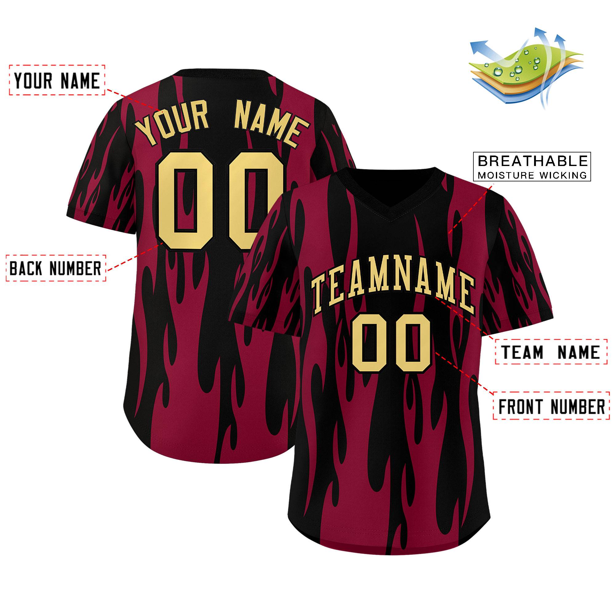 Custom Black Crimson Flame Pattern Authentic Pullover Baseball Jersey