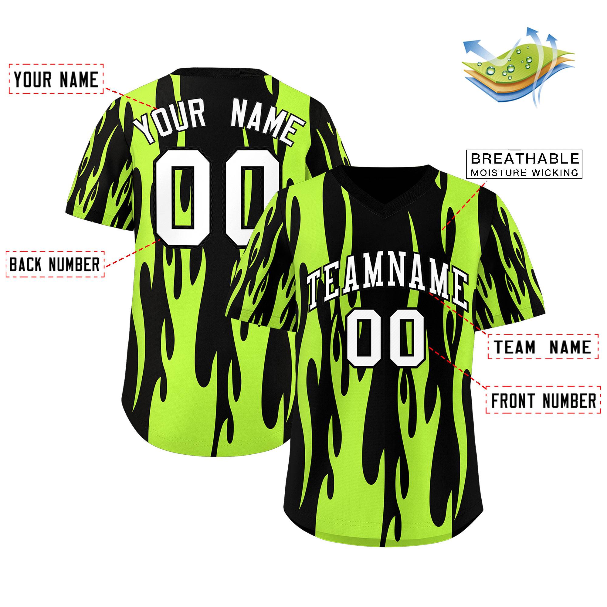 Custom Black Neon Green Flame Pattern Authentic Pullover Baseball Jersey
