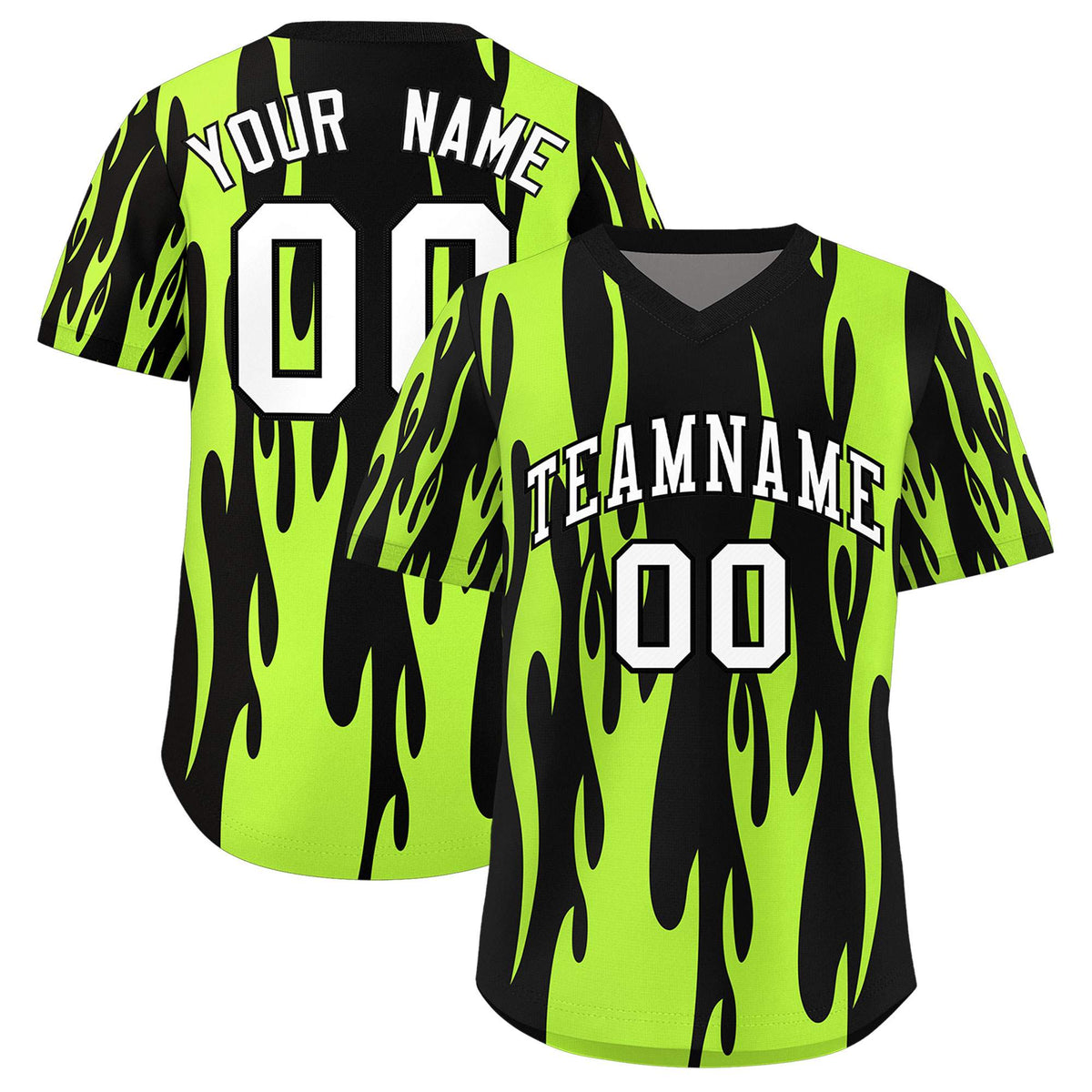 Custom Black Neon Green Flame Pattern Authentic Pullover Baseball Jersey