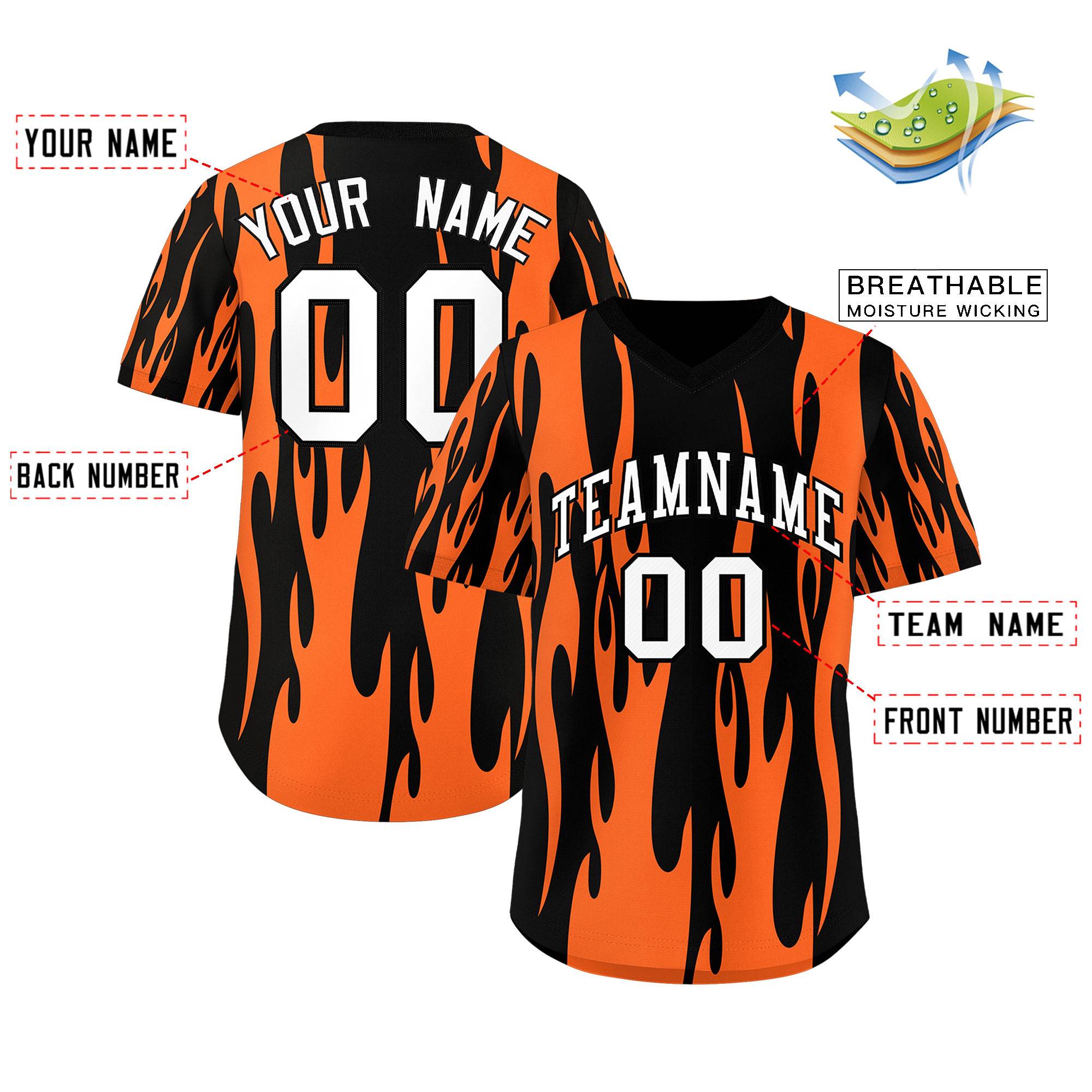 Custom Black Orange Flame Pattern Authentic Pullover Baseball Jersey