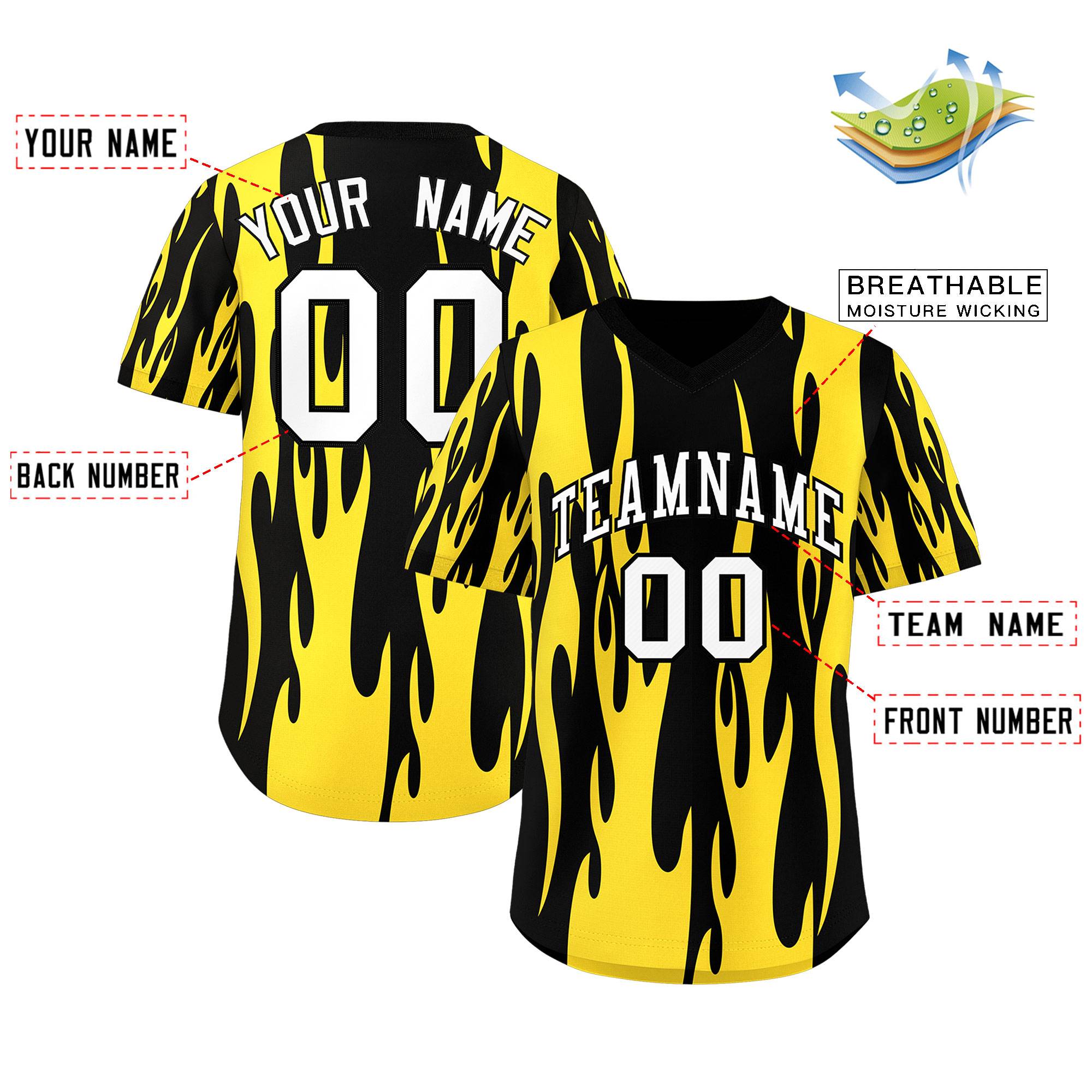 Custom Black Gold Flame Pattern Authentic Pullover Baseball Jersey