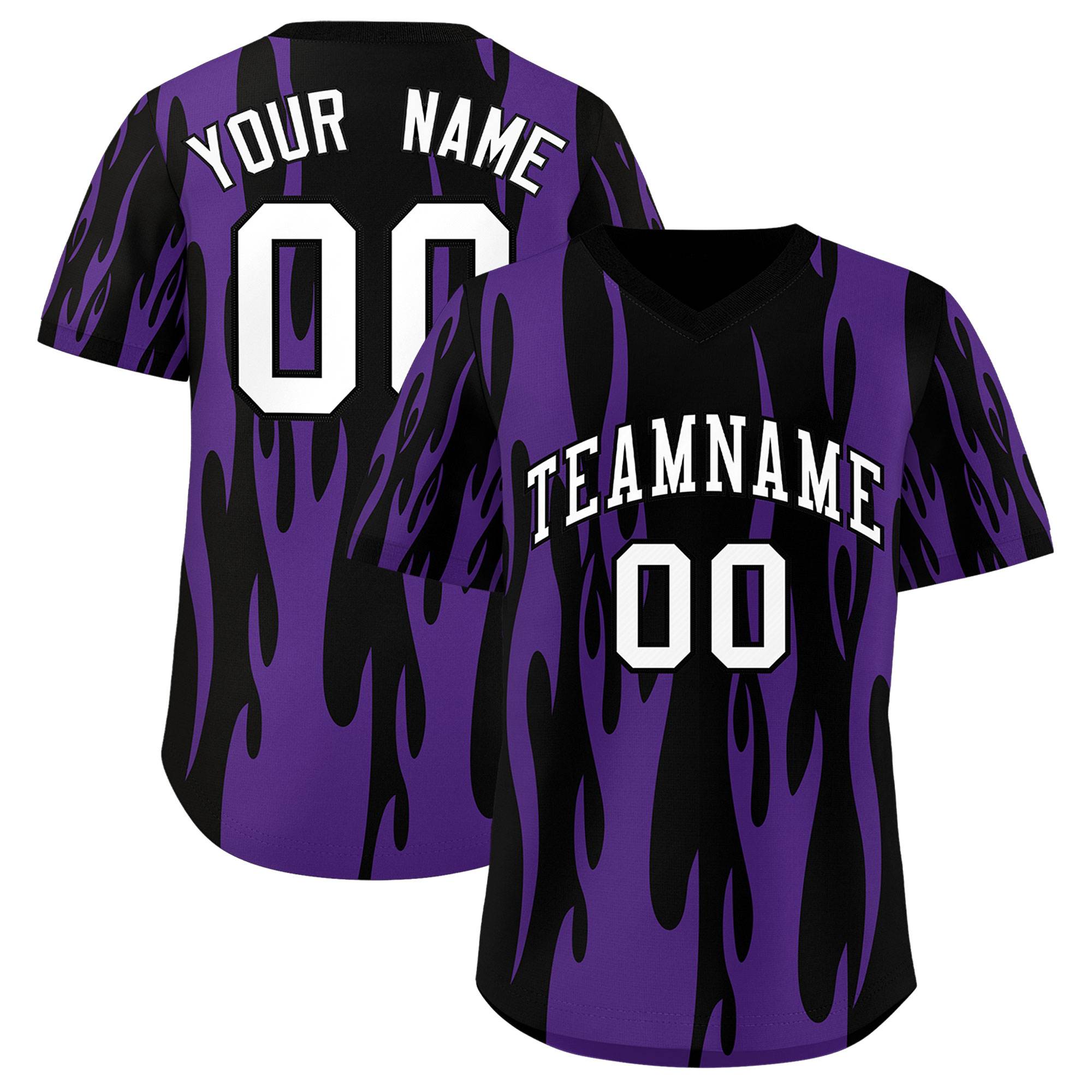 Custom Black Purple Flame Pattern Authentic Pullover Baseball Jersey