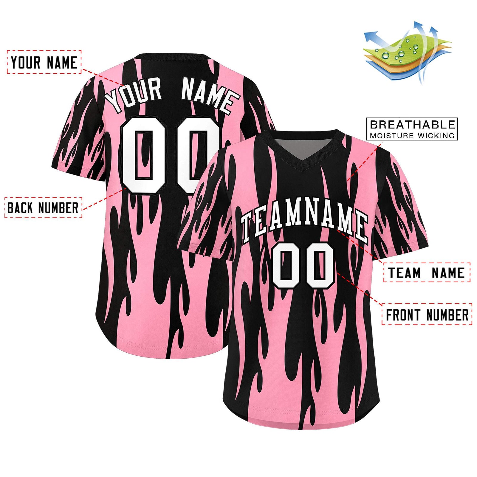Custom Black Light Pink Flame Pattern Authentic Pullover Baseball Jersey