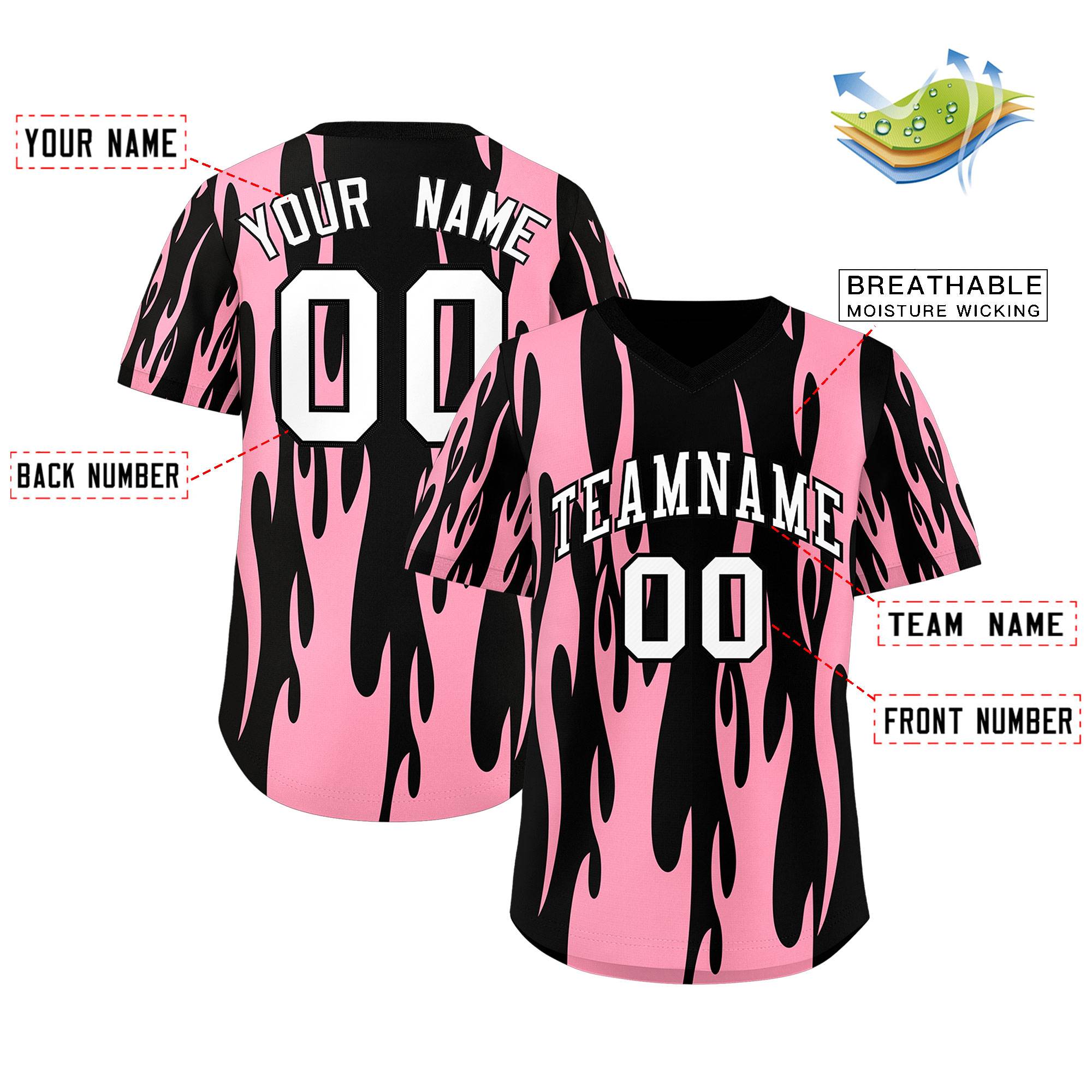 Custom Black Light Pink Flame Pattern Authentic Pullover Baseball Jersey